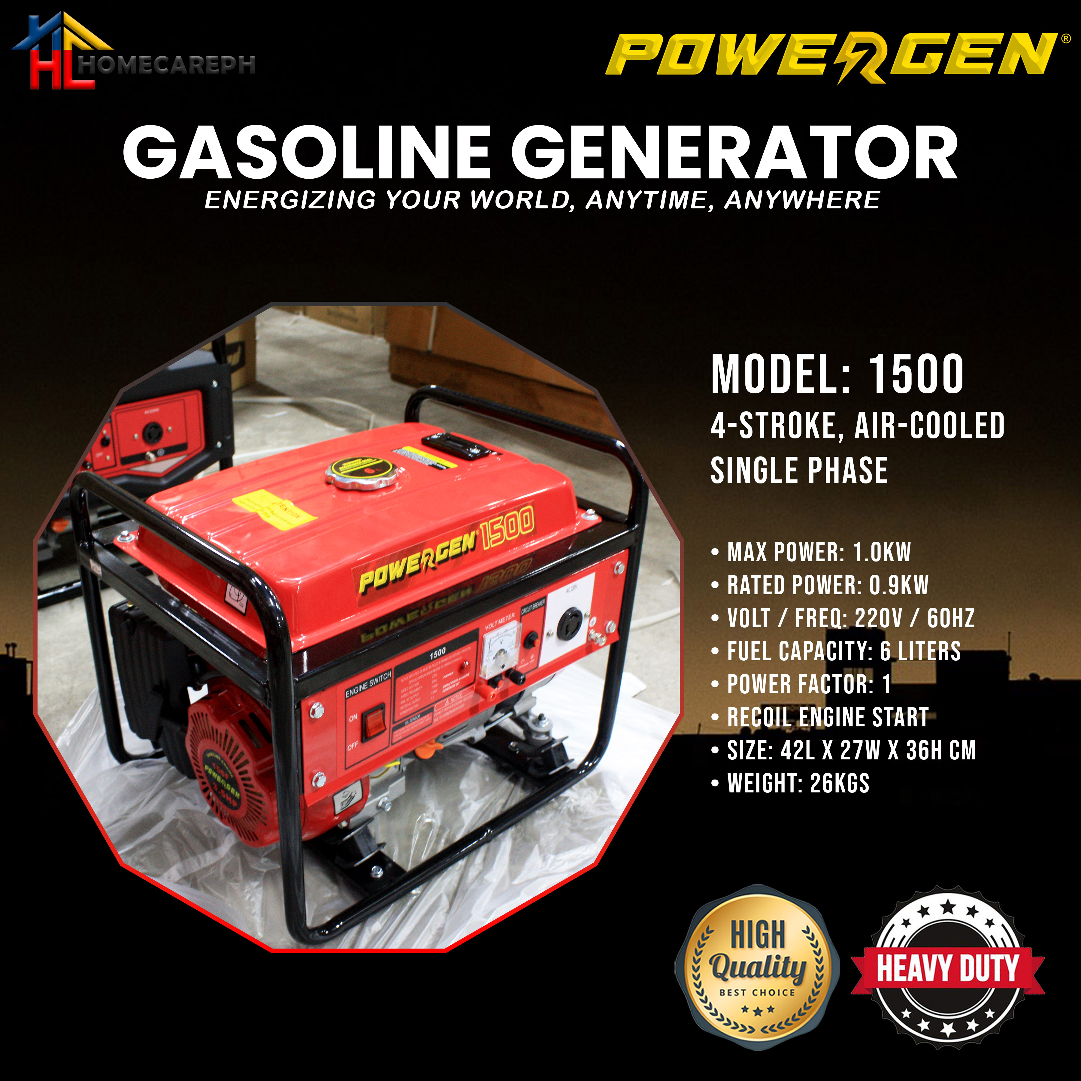 Powergen Portable Gasoline Generator 1500 (1.0kW) | Shopee Philippines
