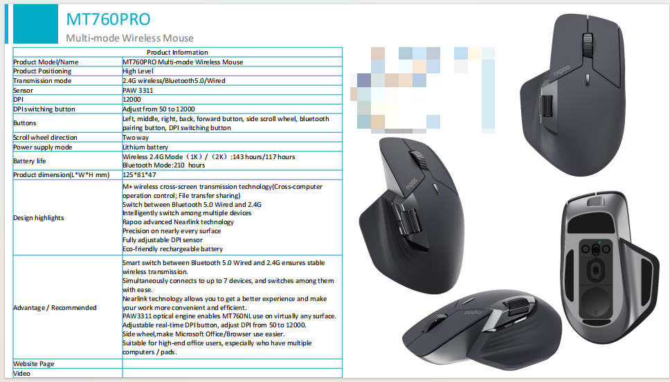 Rapoo MT760PRO 7 Adjustable DPI Levels Rechargeable Wireless Ergonomic ...