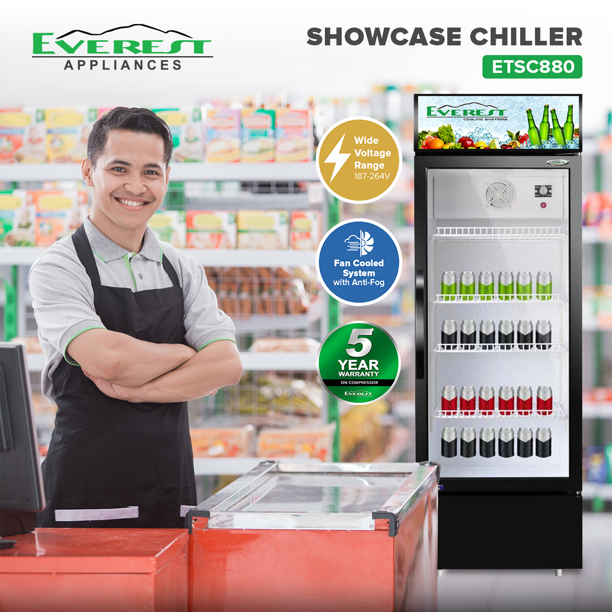 EVEREST 8.8 cu.ft Showcase Chiller/ Non Inverter/ With Key Lock and ...