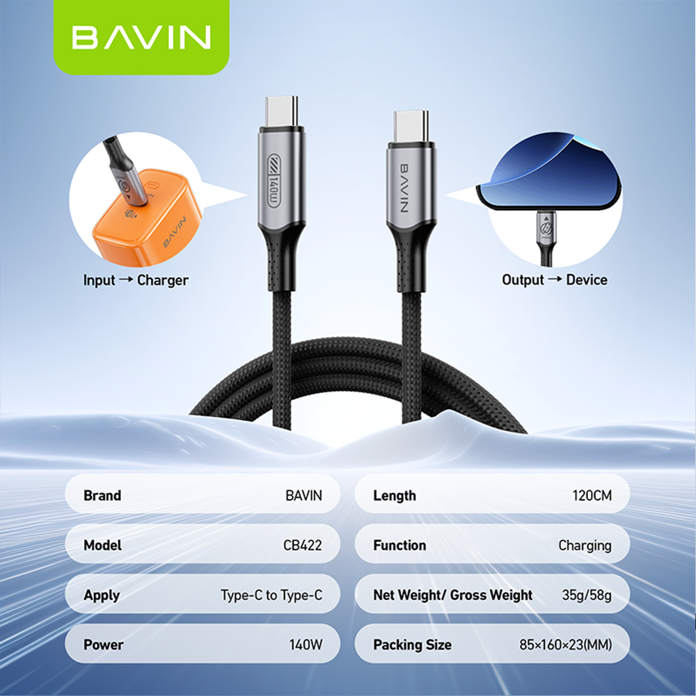 BAVIN CB422 140W PD 3.1 USB-C to USB-C Fast Charging Cable 1.2m Braided ...