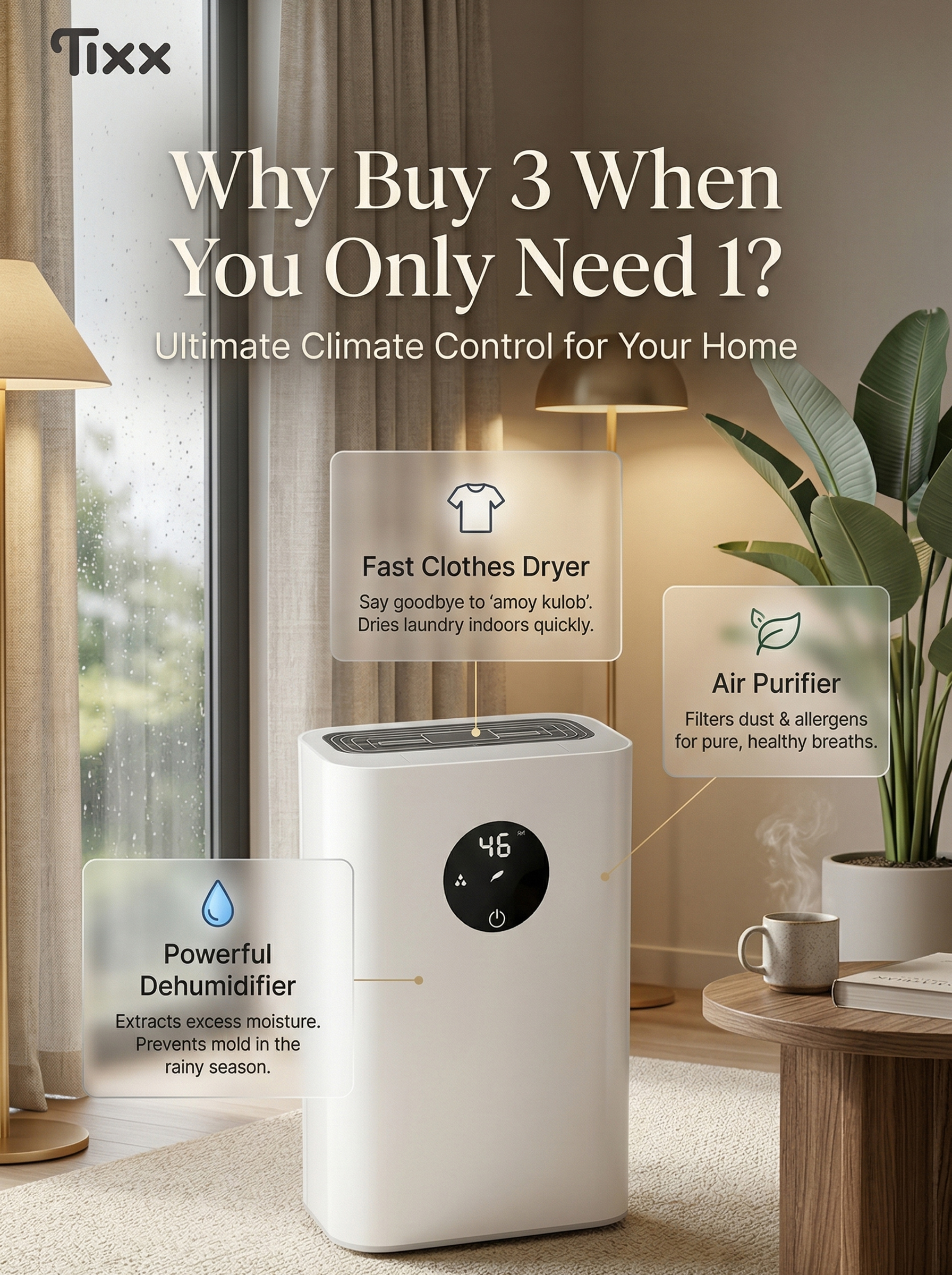 Tixx Dehumidifier Air Purifier For Home 2.5L Water Tank 45db Low Noise ...