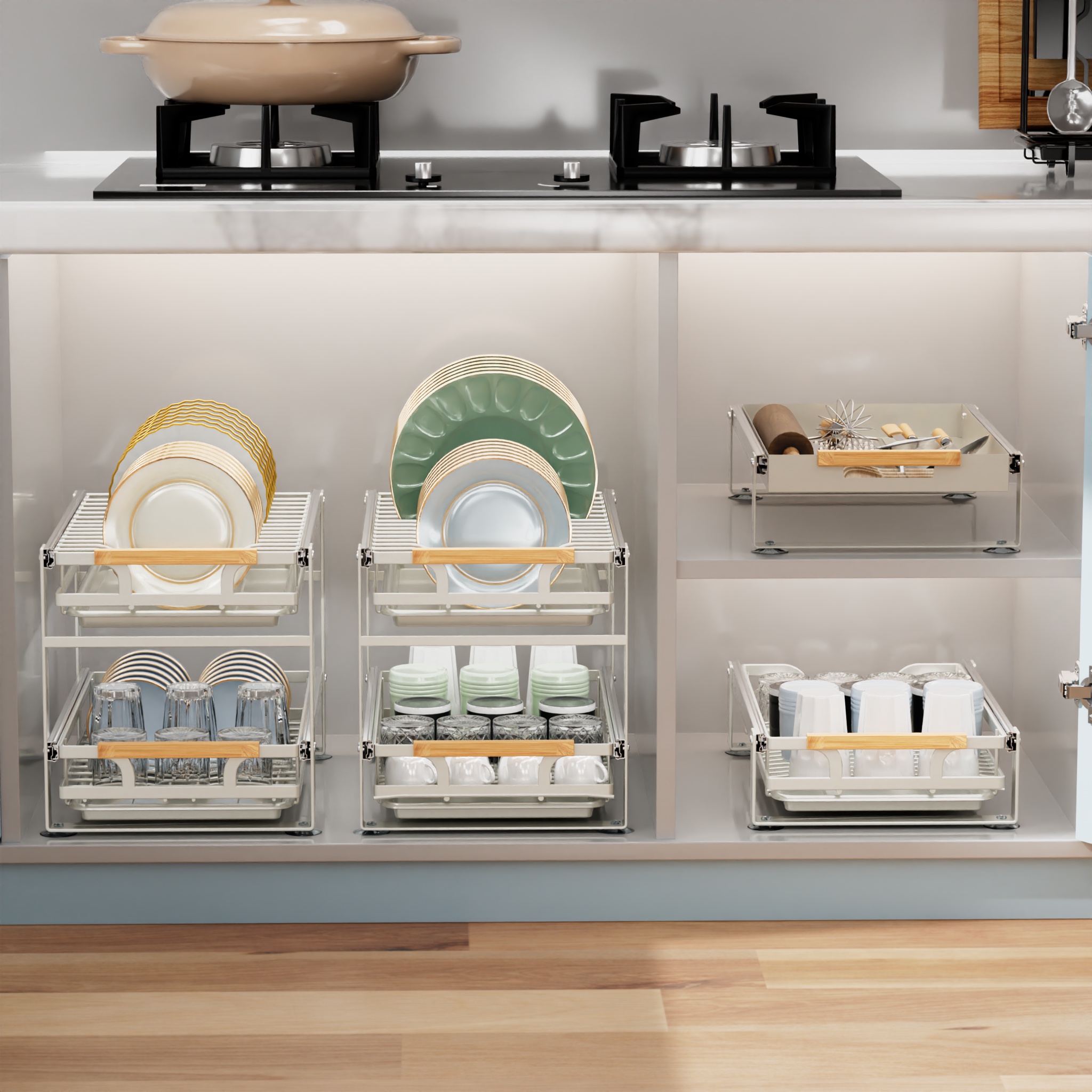 2 Tiers Kitchen Cabinet Organizer Pullout Plate Organizer Dish Drainer ...