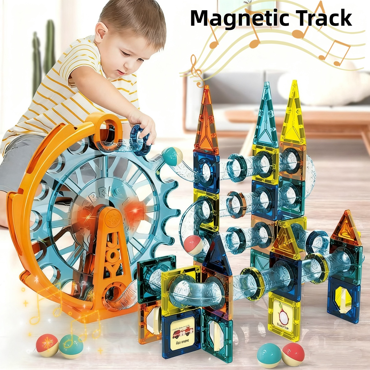 Electric Magnetic Tiles Marble Run Set STEM Building Puzzle Toys for ...