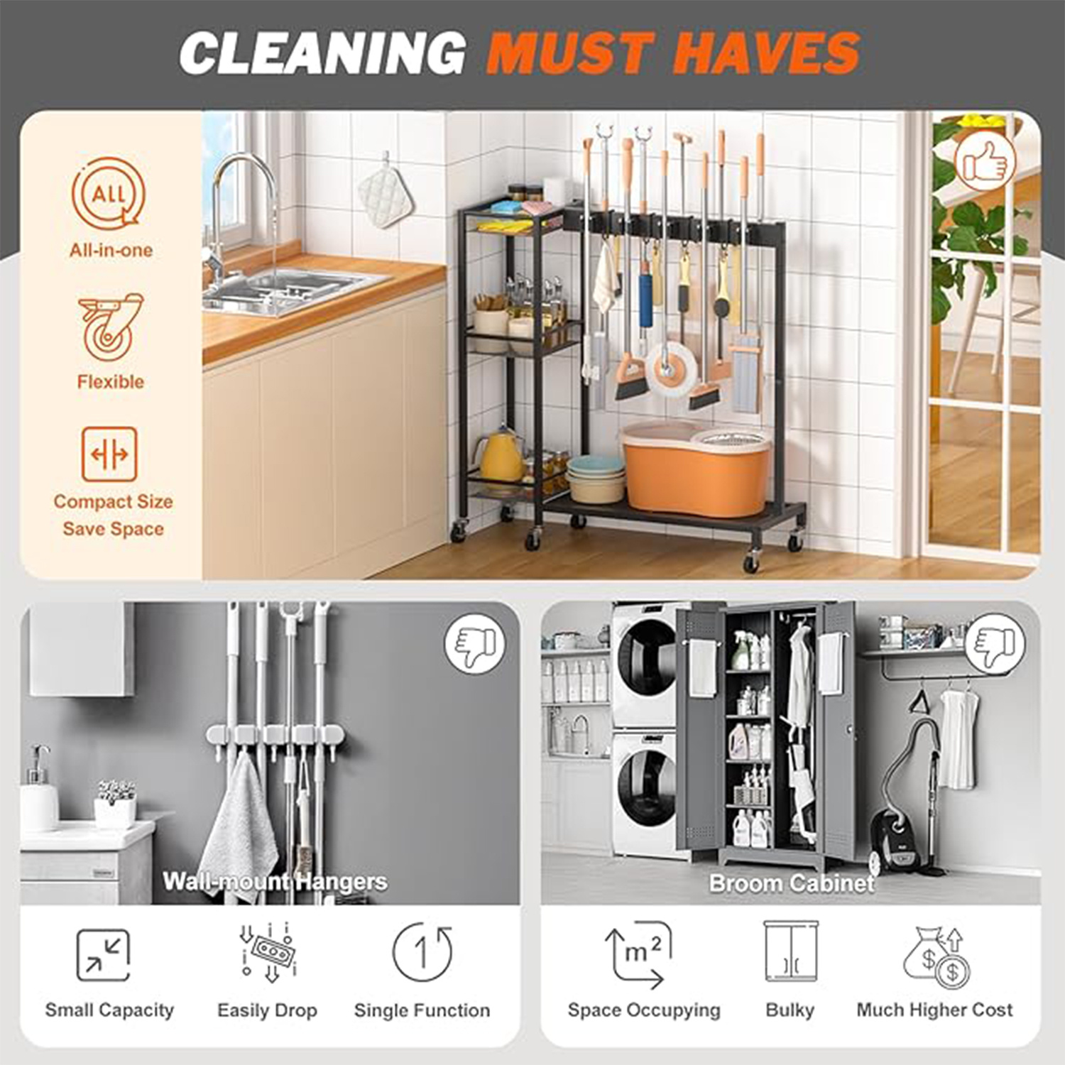 Cleaning Tool Storage Rack Mop Broom Rack WithWheels Cleaning Trolley ...