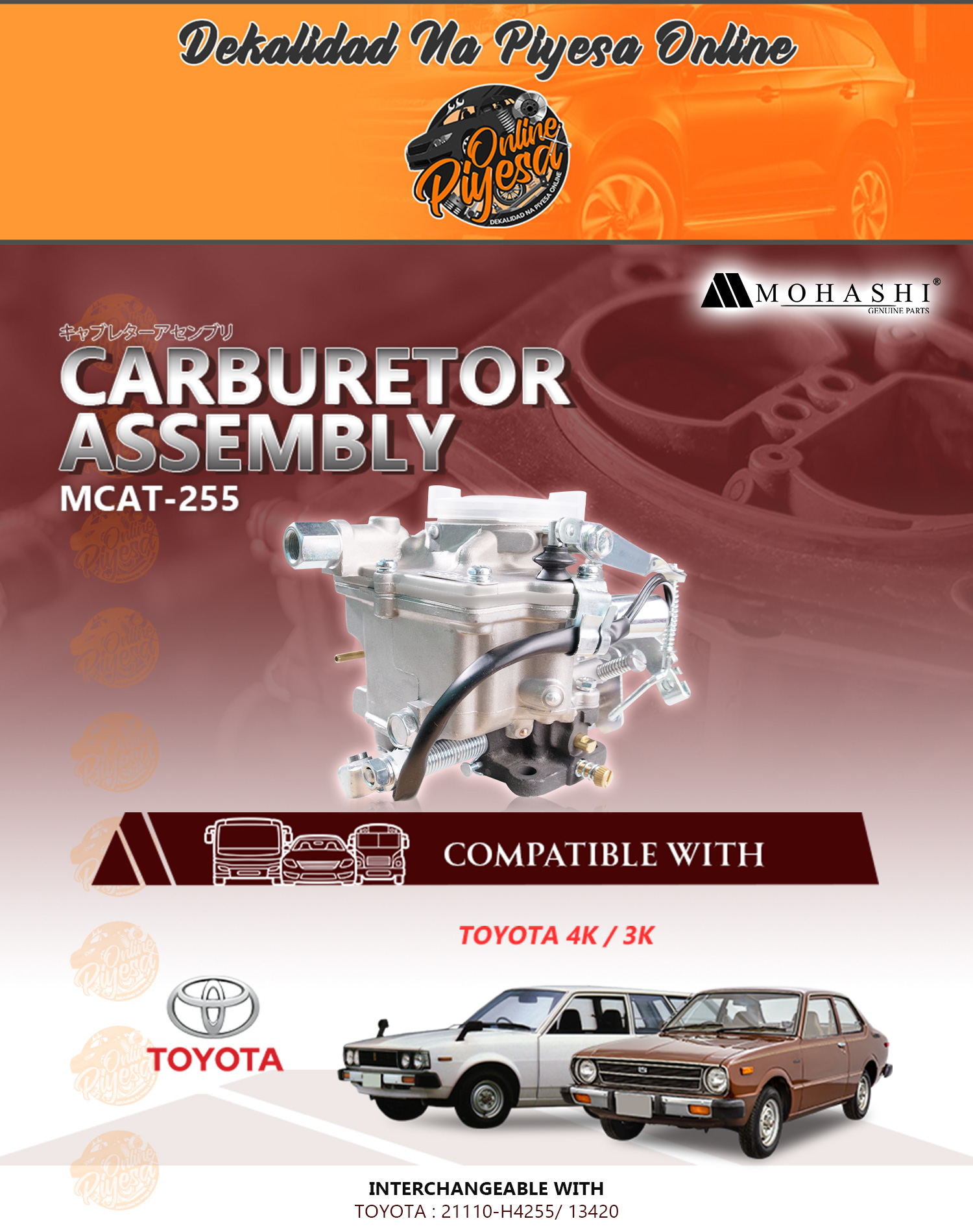 TOYOTA 3K 4K CARBURETOR ASSEMBLY 21110-H4255/ 13420 MOHASHI MCAT-255 ...