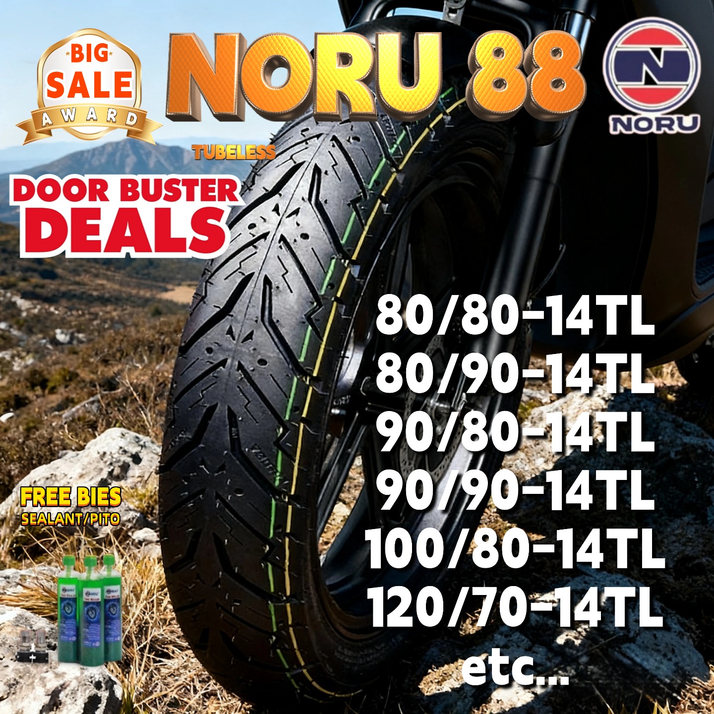 TIRE NORU TIRE 14TL/17TL TUBELESS TIRE FOR NMAX AEROX PCX CLICK BEAT ...