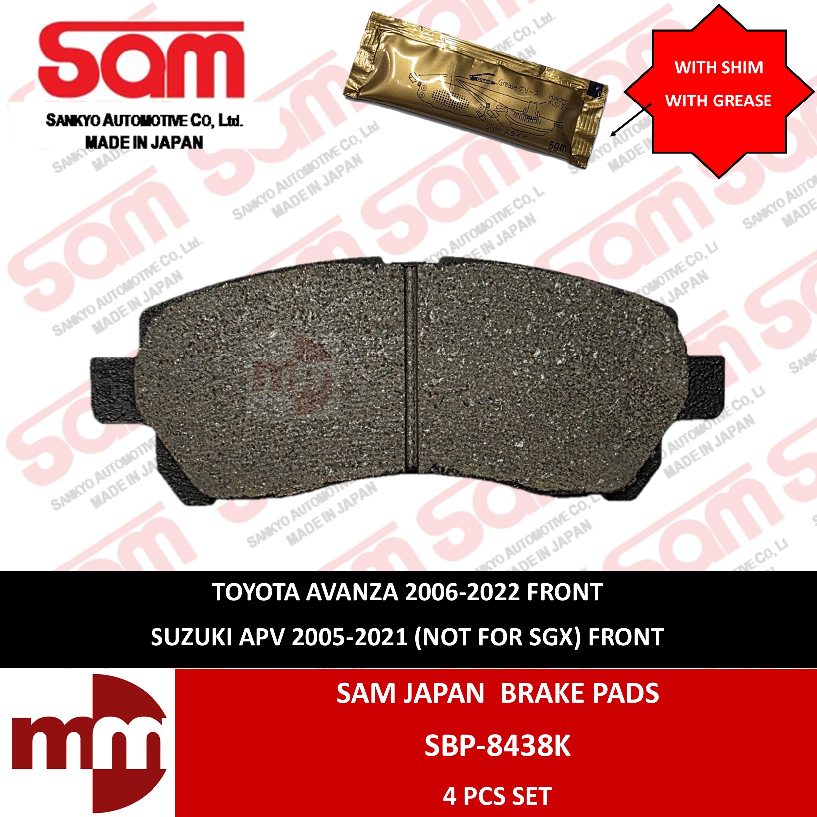 SAM JAPAN Brake Pads for TOYOTA AVANZA 2006-2022 / SUZUKI APV 2005-2021 ...