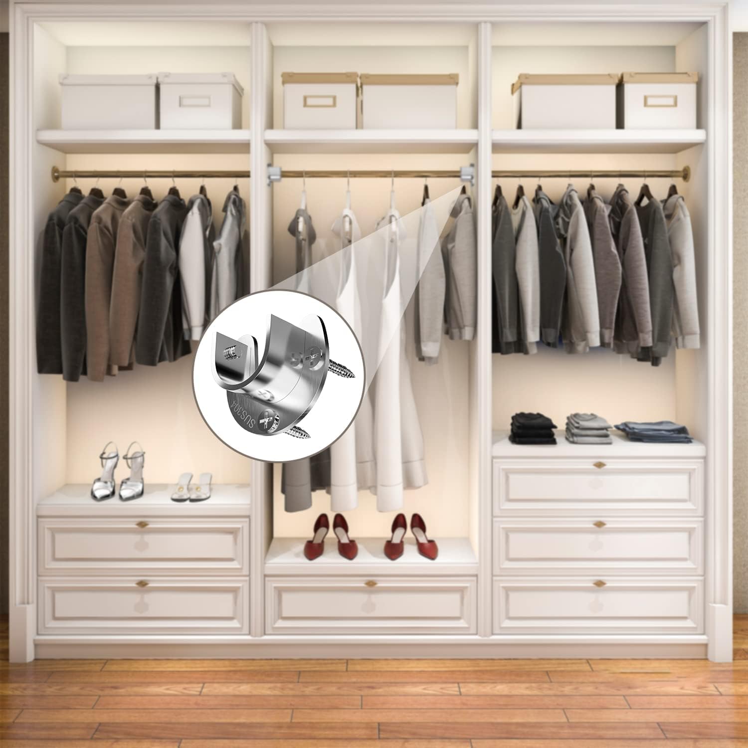 2Pcs U-Shaped Closet Rod Bracket Stainless Steel Closet Rod Holder 25 ...