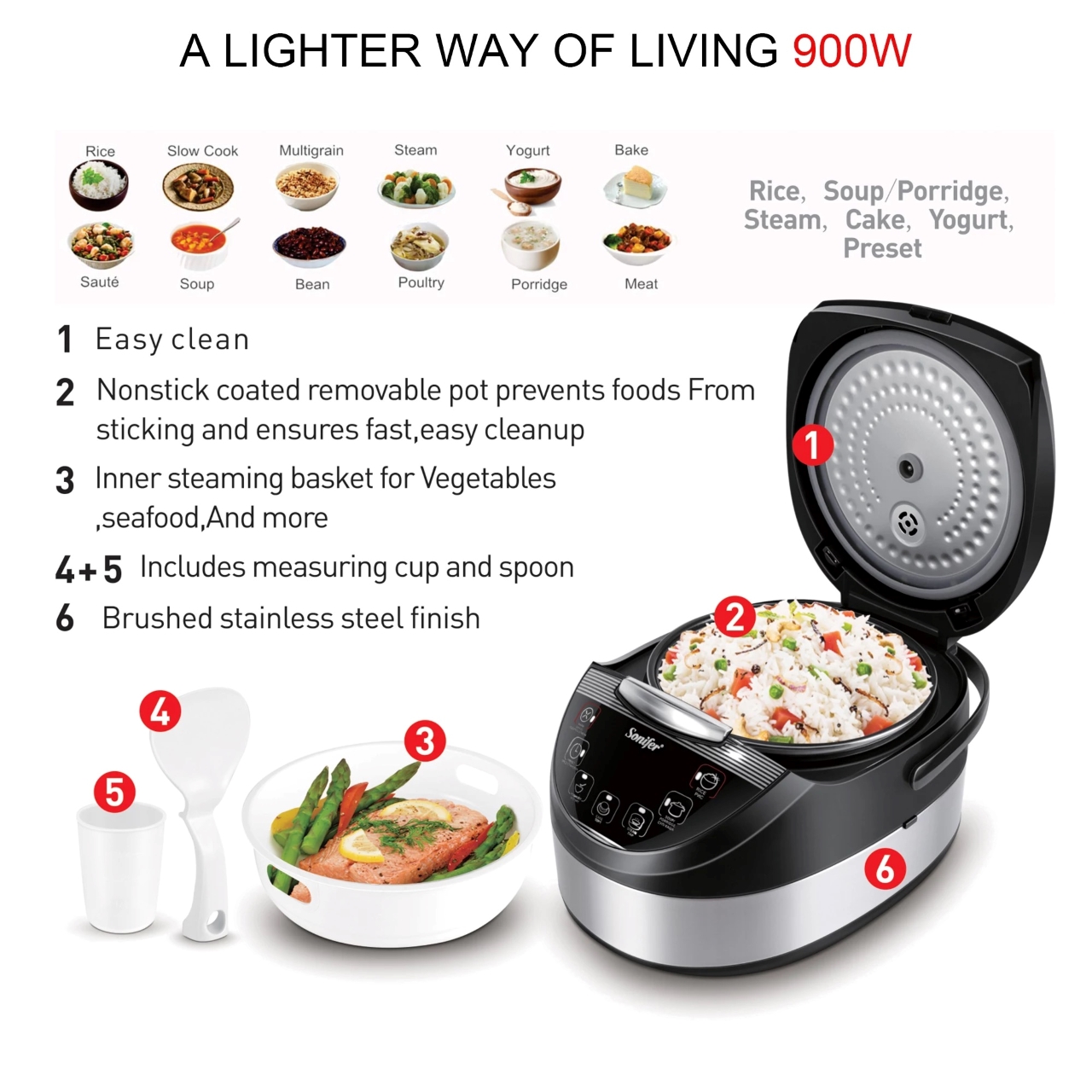 Sonifer 5L 900W Smart Digital Rice Cooker - Non Sticky Pot Automatic ...