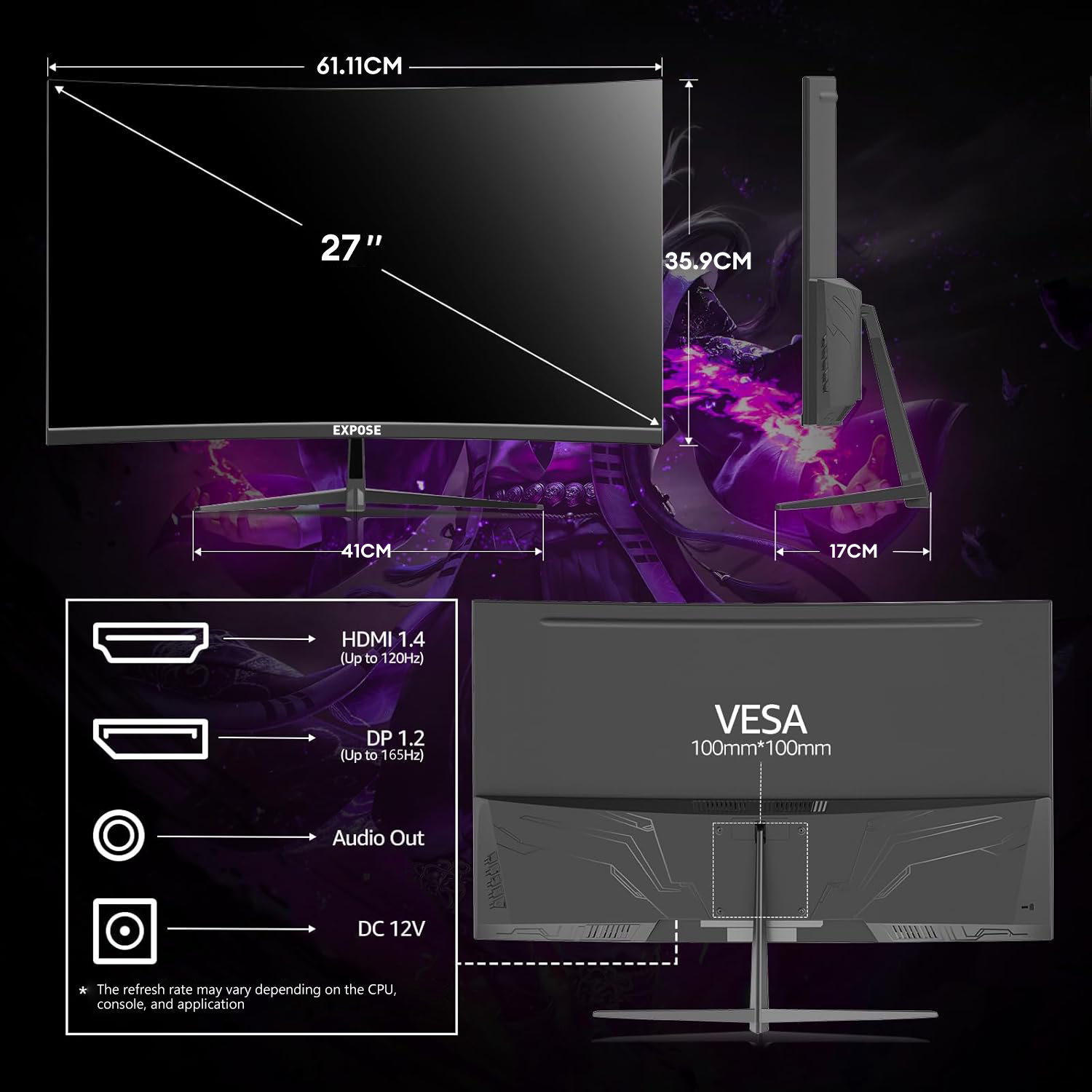 Expose Gaming Monitor curved 24 Inch Monitor 165HZ PC Monitor 27 Inch ...