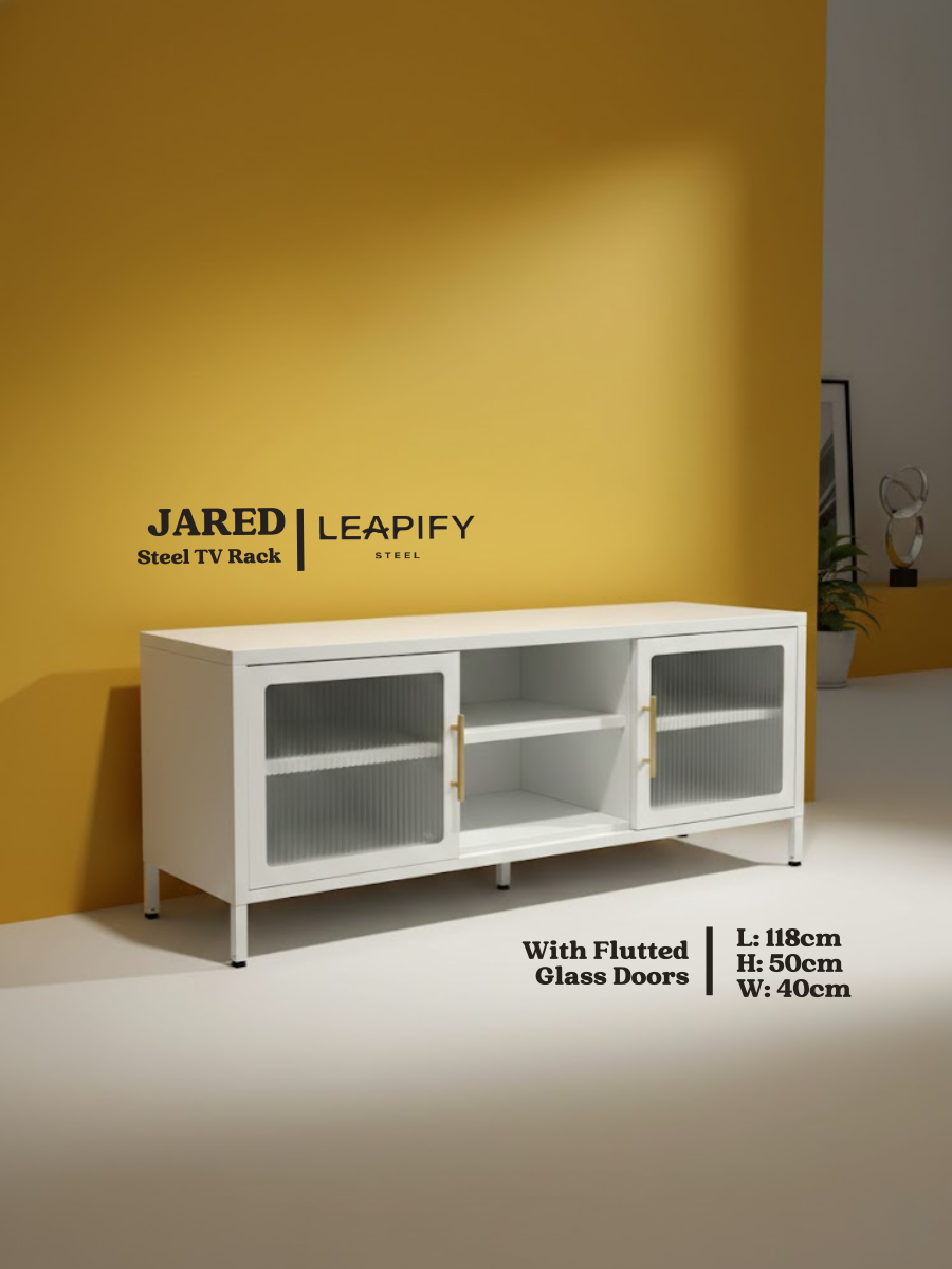 JARED | Full Steel TV Rack Cabinet by Leapify Steel - Fluted Glass ...