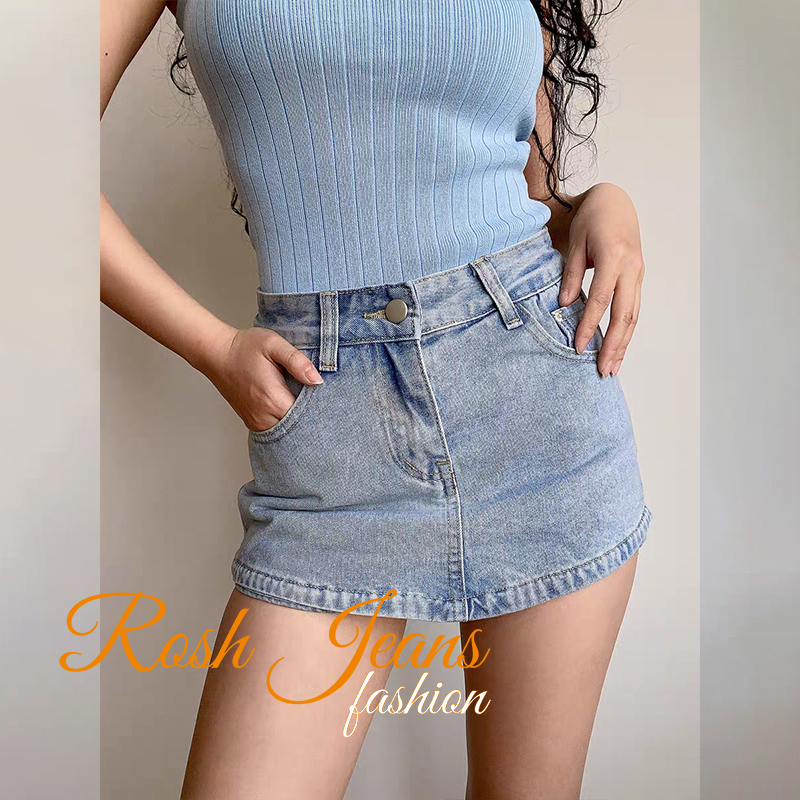 Fashion Palda A-line Mini Skort High Waist Anti-light Denim Skort ...