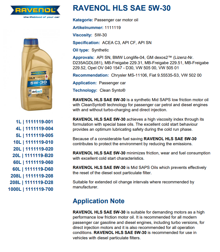 RAVENOL HLS 5W-30 Synthetic Diesel Oil 8 Liters for Mitsubishi Montero ...