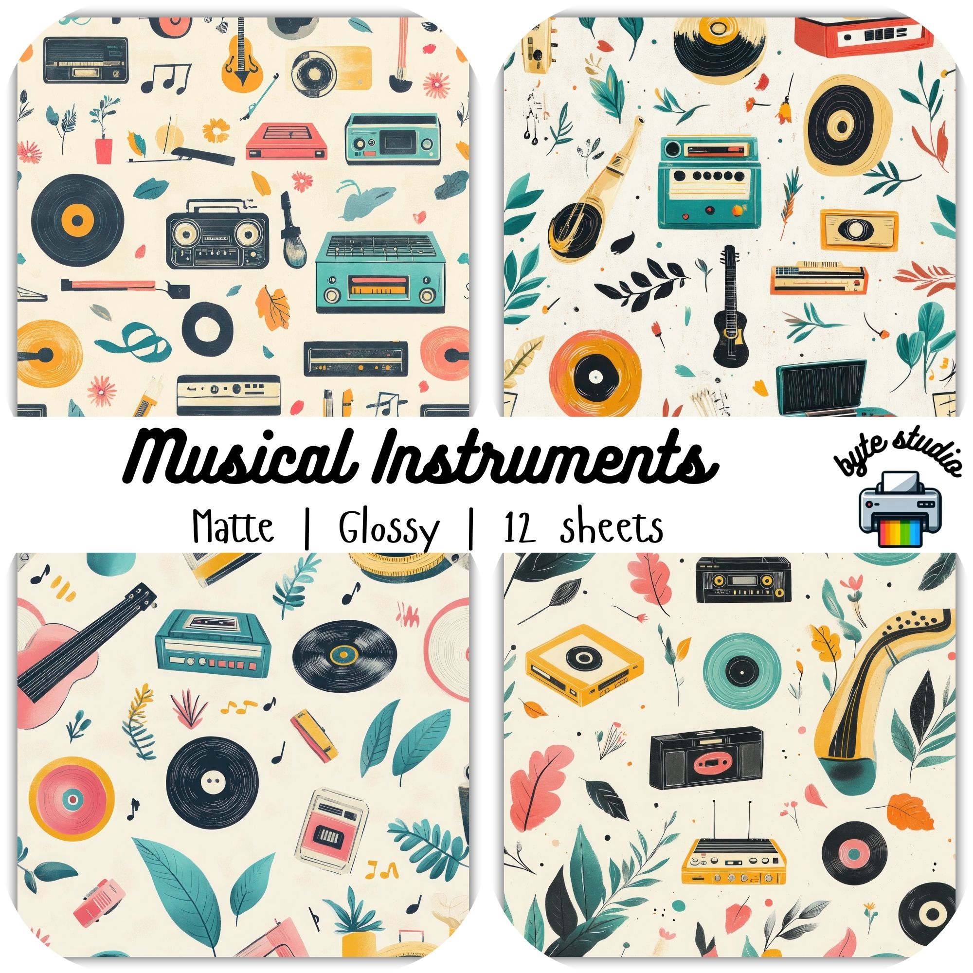12 Sheets 8x8 Musical Instruments by byte studio | Cardstock Craft ...