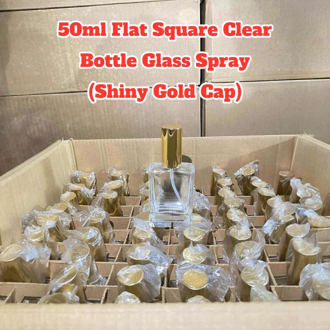 50ml Classy Flat Square Clear Glass Perfume Spray Bottle Shiny Gold Cap ...