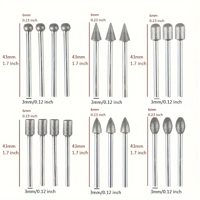 20pcs 3mm Shank Diamond Grinding Heads Mini Drill Burrs Bit Set for ...