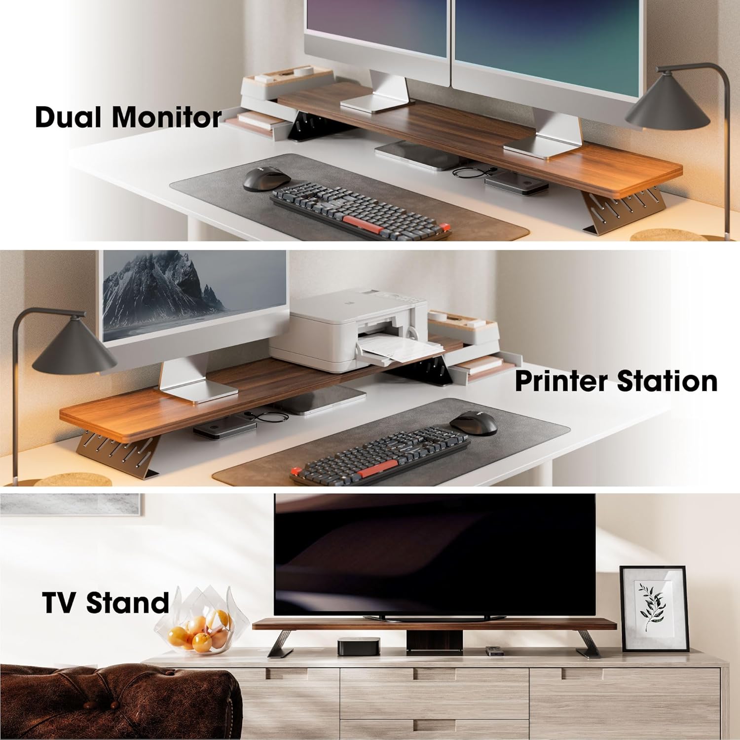 100CM Dual Monitor Stand Desk,Computer Monitor Riser Stand,Wood & Steel ...