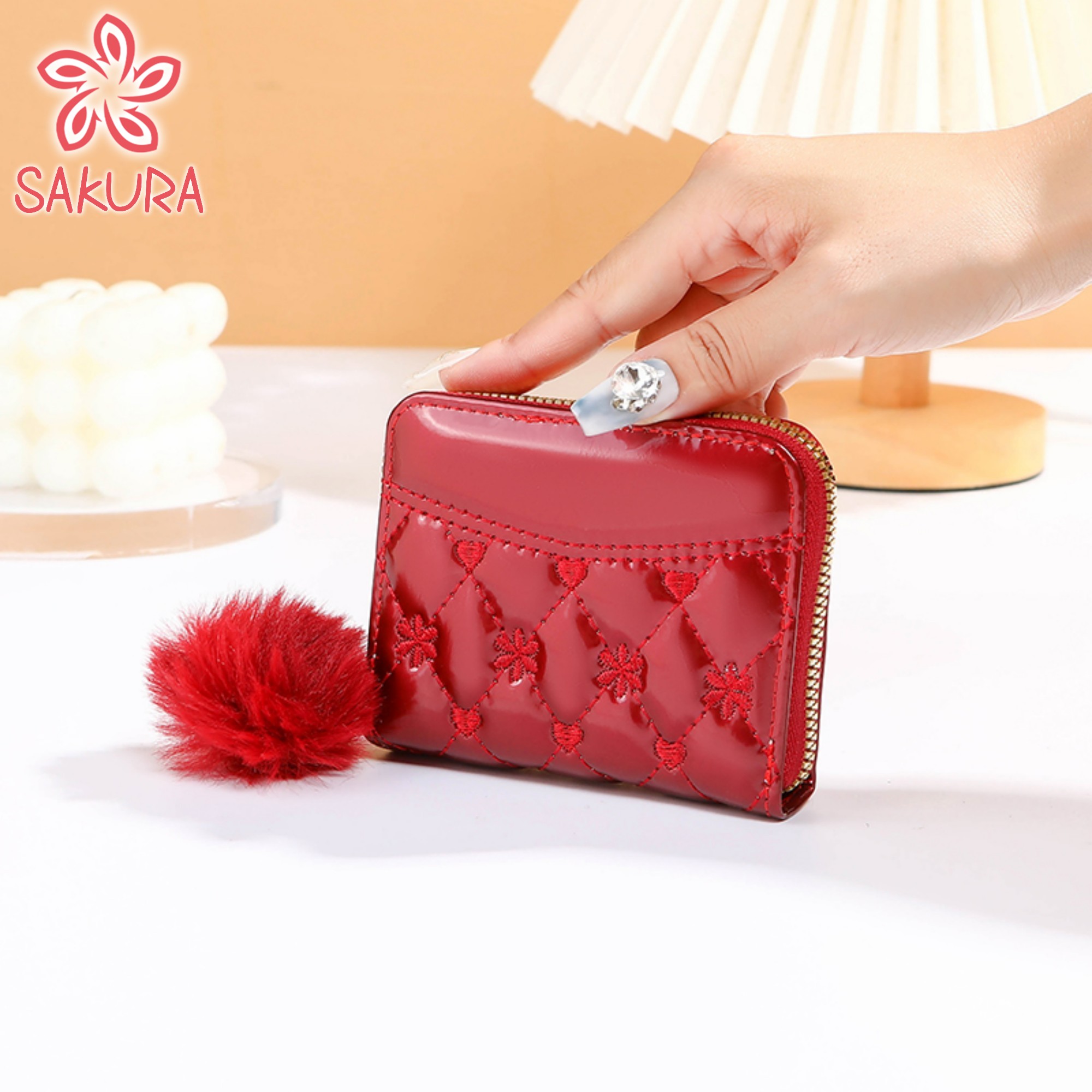 Sakura Wallet For Woman High-End Patent Leather Fabric Hairball Pendant ...