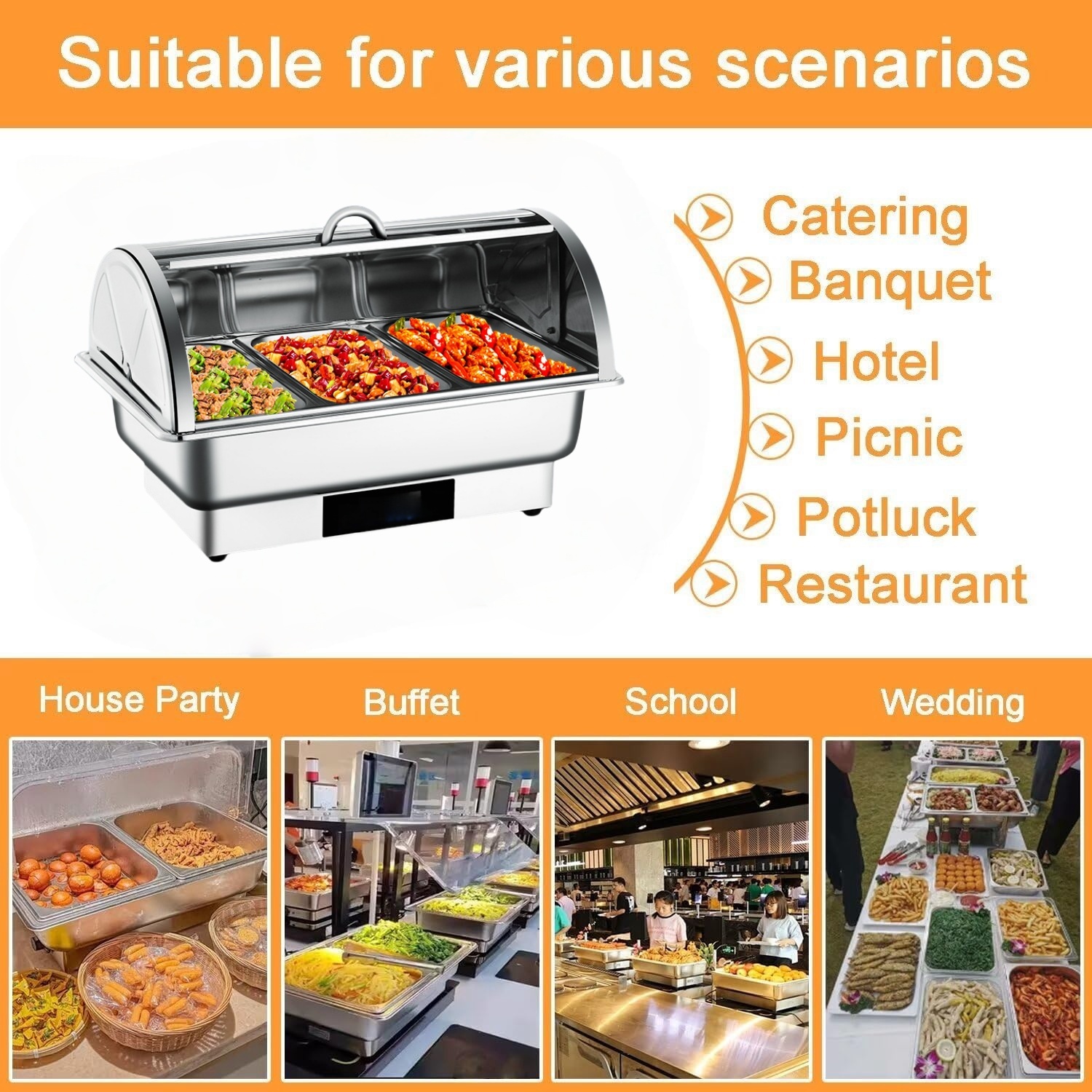 Food Warmer with Lid 9L /13L Large Capacity Chafing Dish Heater,1/2/3 ...