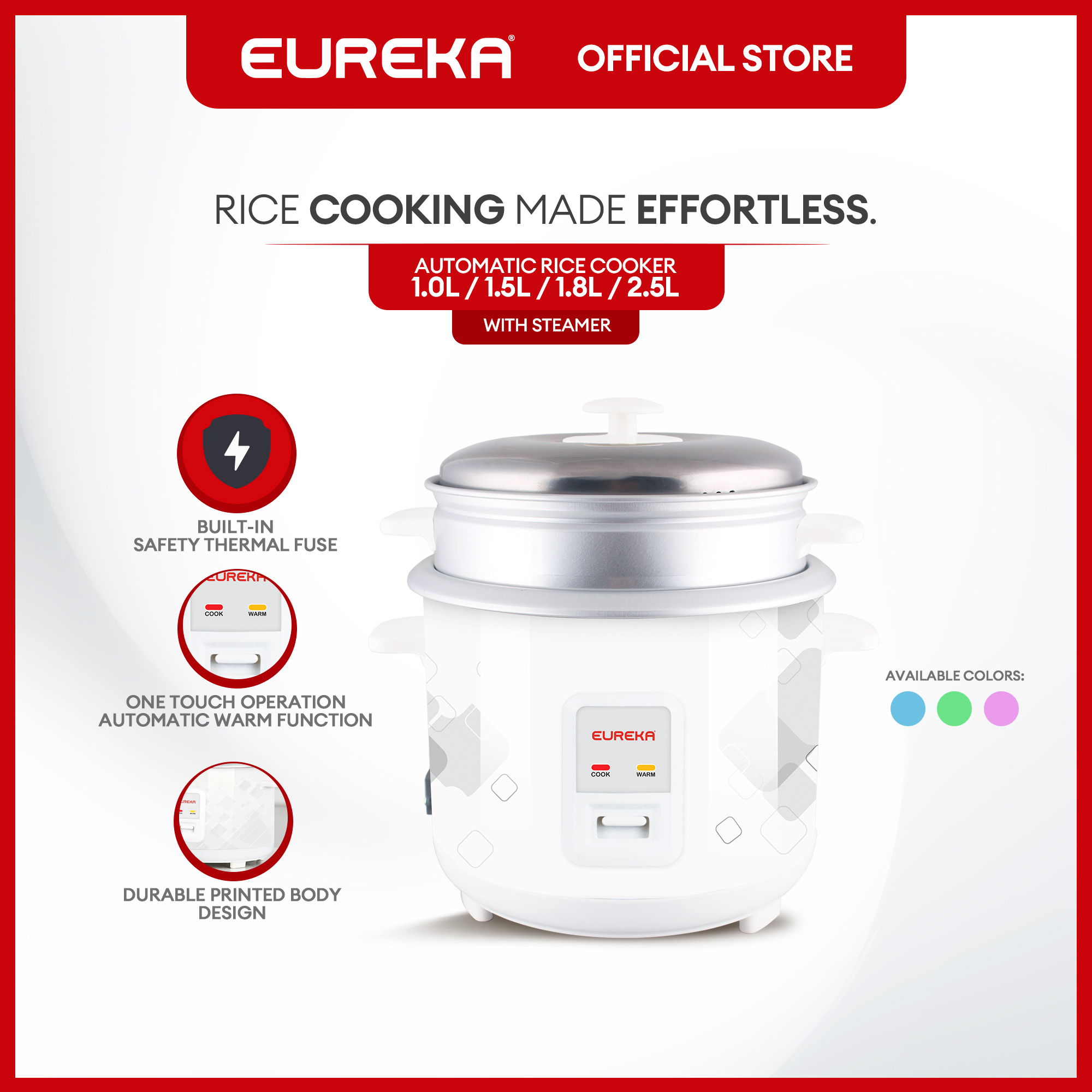 Eureka Rice Cooker With Steamer ERC 1.0, 1.5, 1.8, 2.5 L | Shopee ...