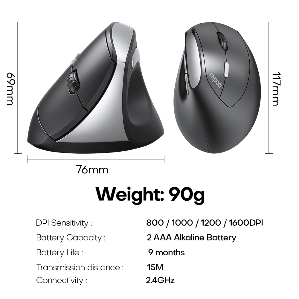 Rapoo EV250 Wireless Vertical Mouse Ergonomic 60° Angle 2.4G 1600DPI ...