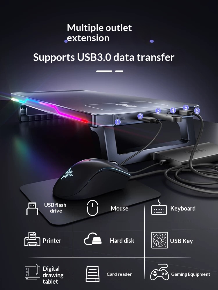 RGB Desktop Monitor Riser with wireless charging Multifunction Foldable ...