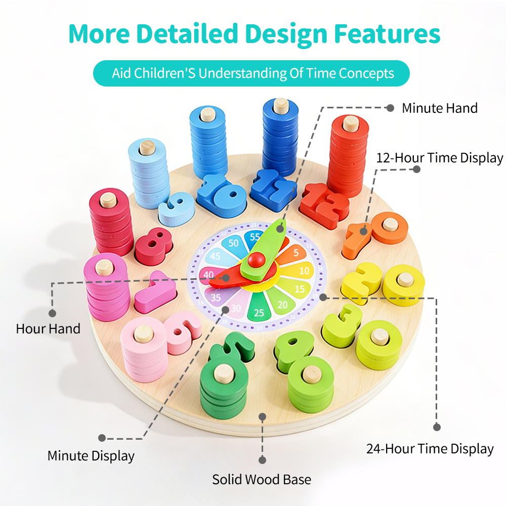 Wooden Clock Toys Hour Minute Second Cognition Colorful Clocks Toys ...