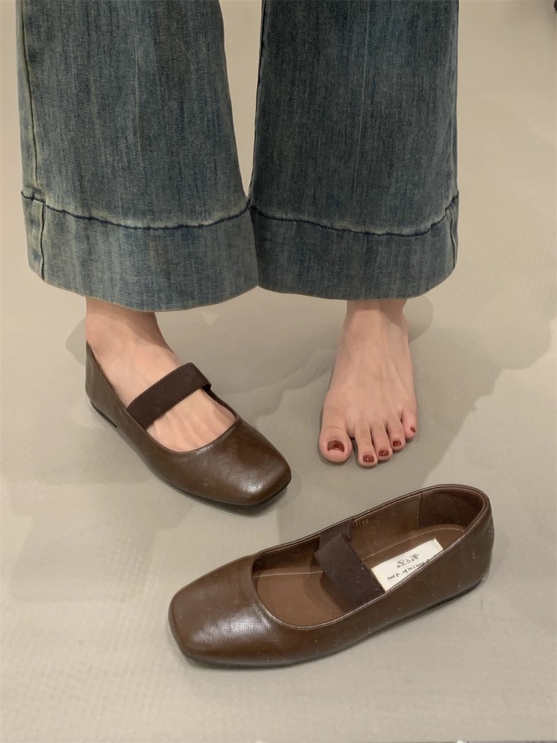 LULAKO Square Toe Balck Leather Mary Jane Flats for School Elastic Slip ...