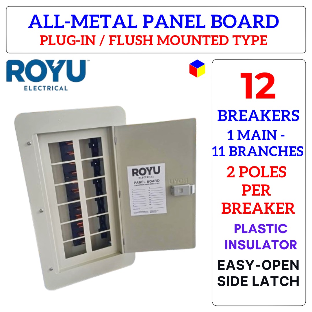 Royu All Metal Panel Board Twelve (12) Breakers (1 Main + 11 Branches ...