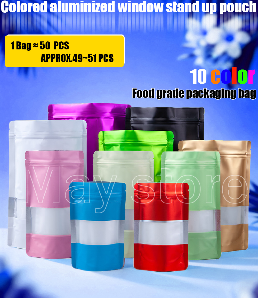 50pcs Colored Aluminized Food Bag Window Stand Up Pouch With Zip Lock ...