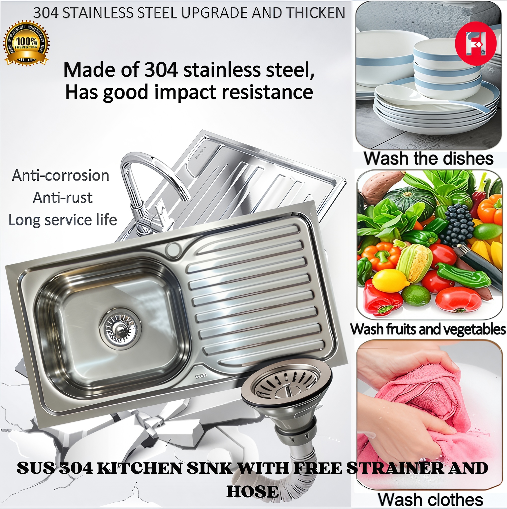 SUS 304 HEAVY DUTY STANLESS KITCHEN SINK/LABABO FREE STRAINER WITH HOSE ...