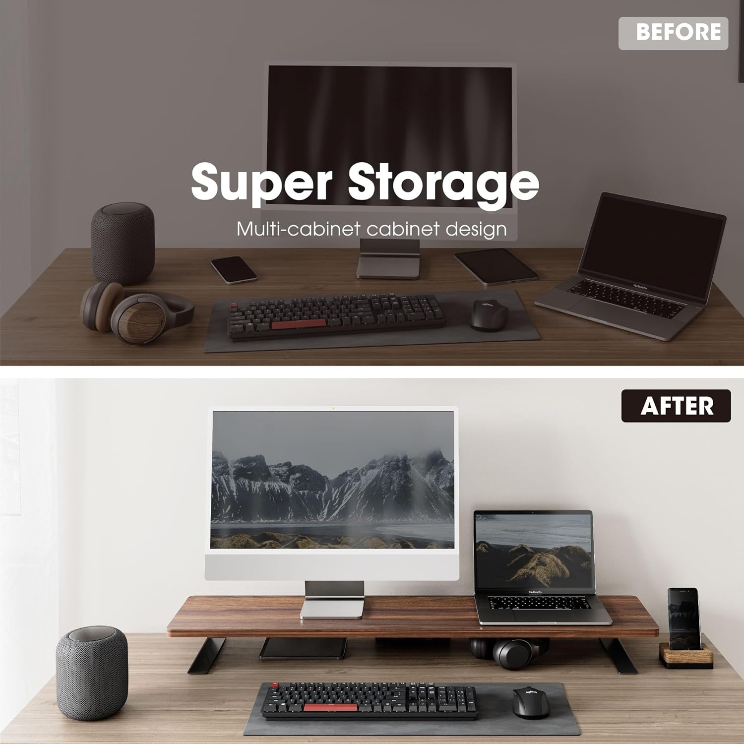 100CM Dual Monitor Stand Desk,Computer Monitor Riser Stand,Wood & Steel ...