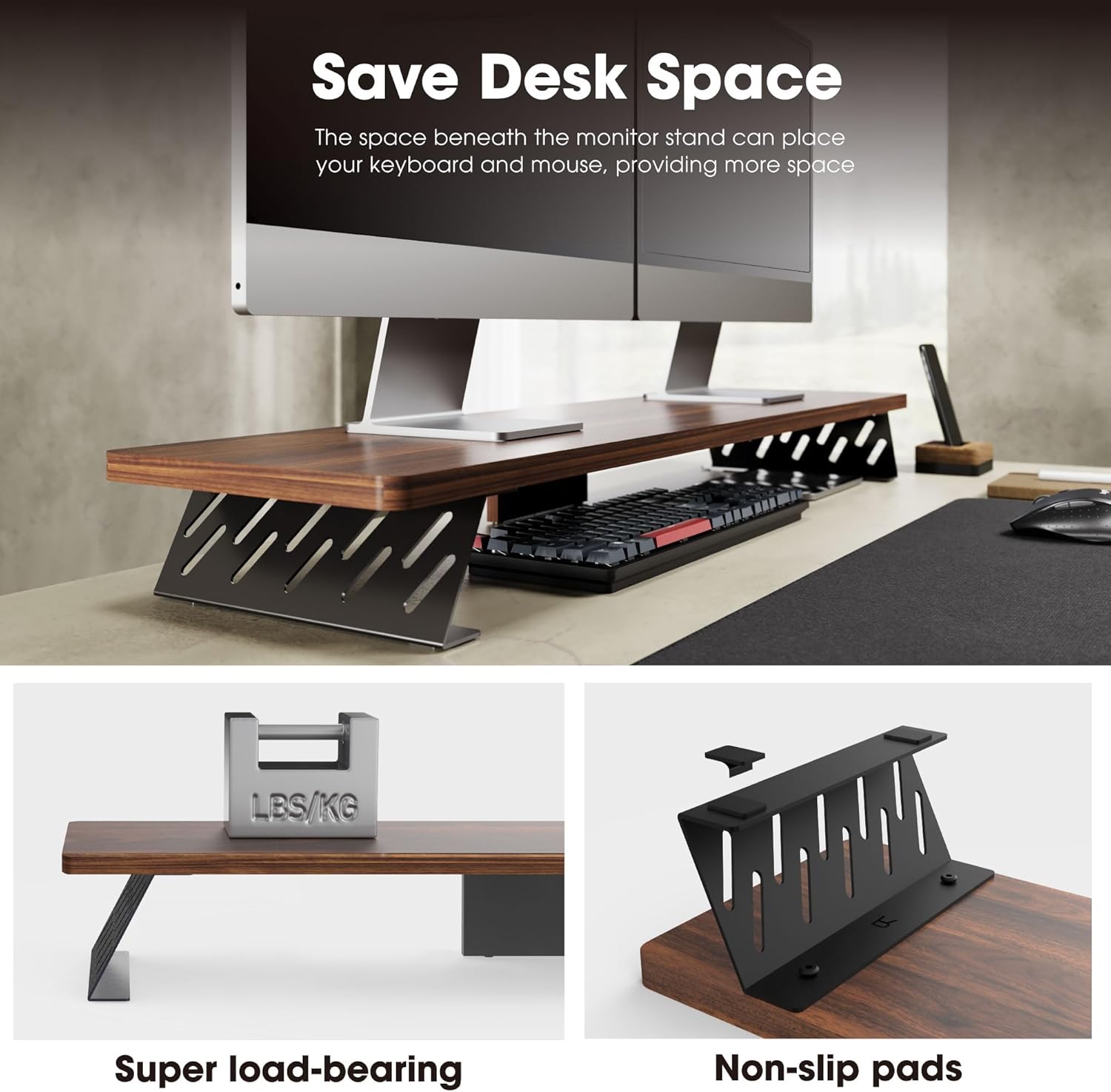 100CM Dual Monitor Stand Desk,Computer Monitor Riser Stand,Wood & Steel ...