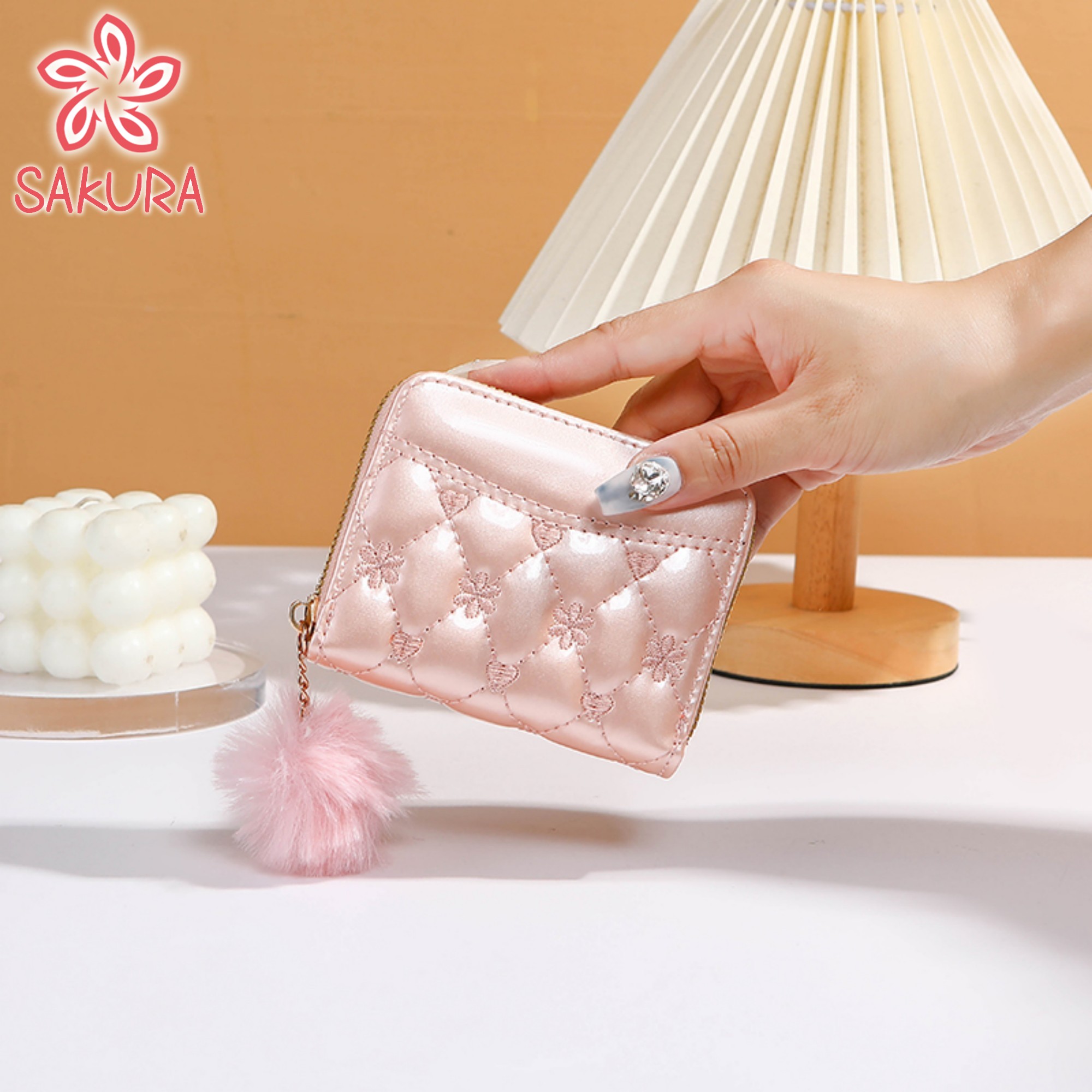 Sakura Wallet For Woman High-End Patent Leather Fabric Hairball Pendant ...