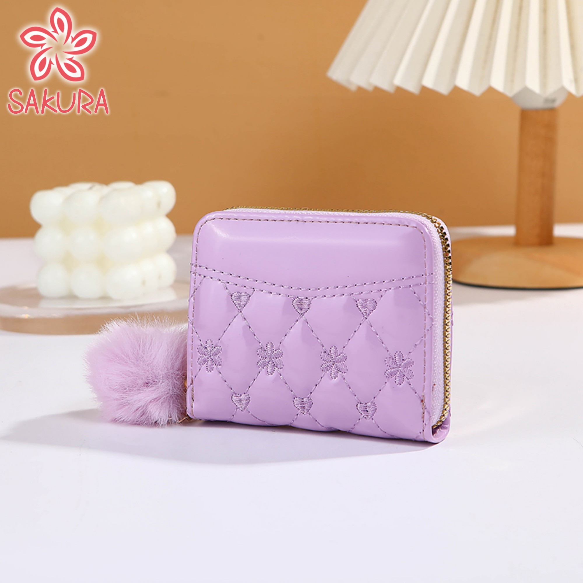 Sakura Wallet For Woman High-End Patent Leather Fabric Hairball Pendant ...