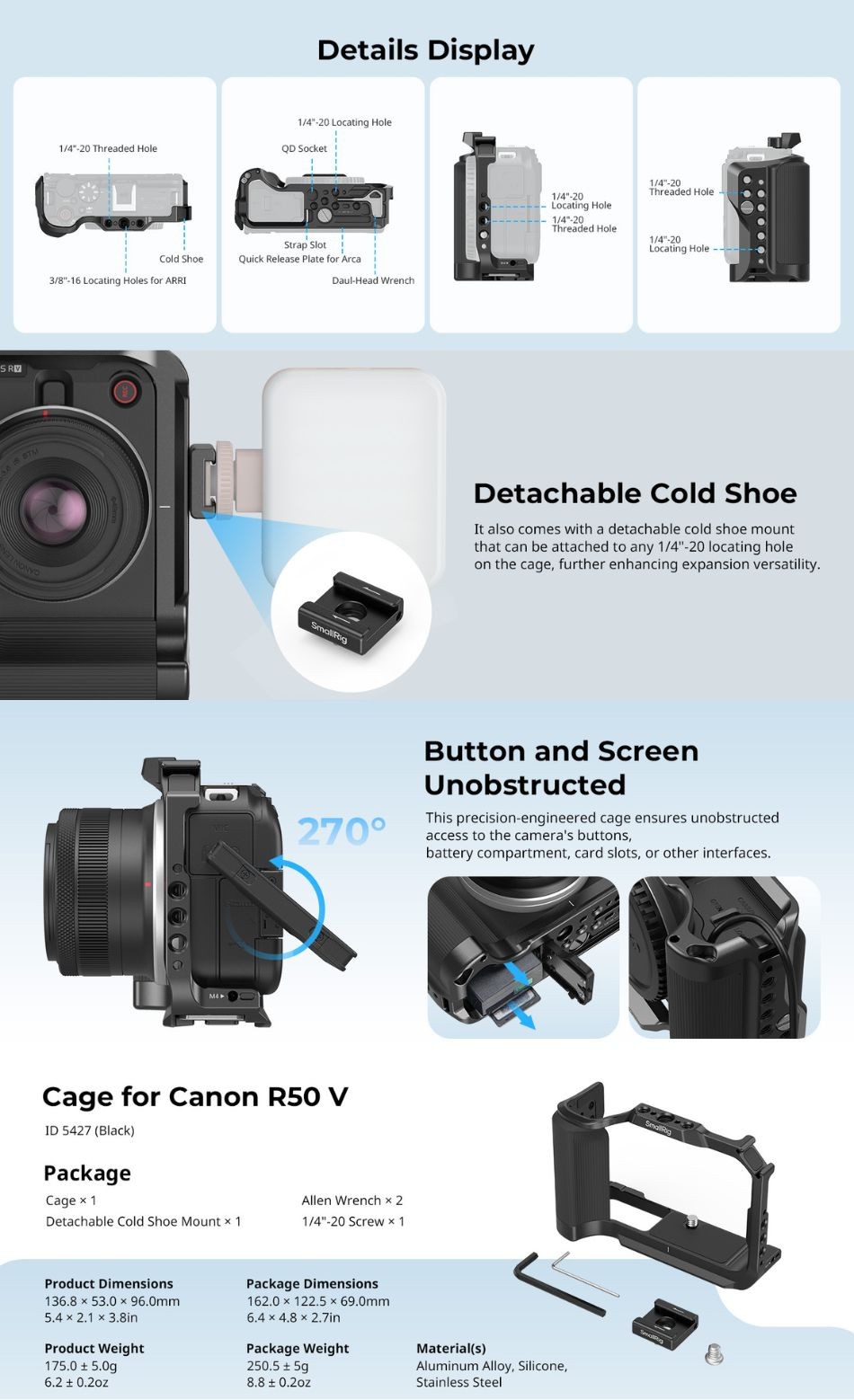 SmallRig Camera Cage for Canon EOS R50 V Kit with Arca Quick Release ...