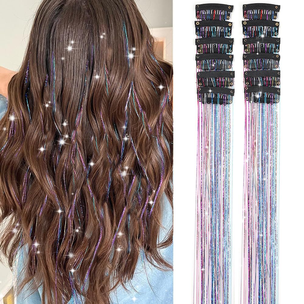 6 Pcs Hair Tinsel Clip In Hair Extensions Bling Silk for Flare Strands ...