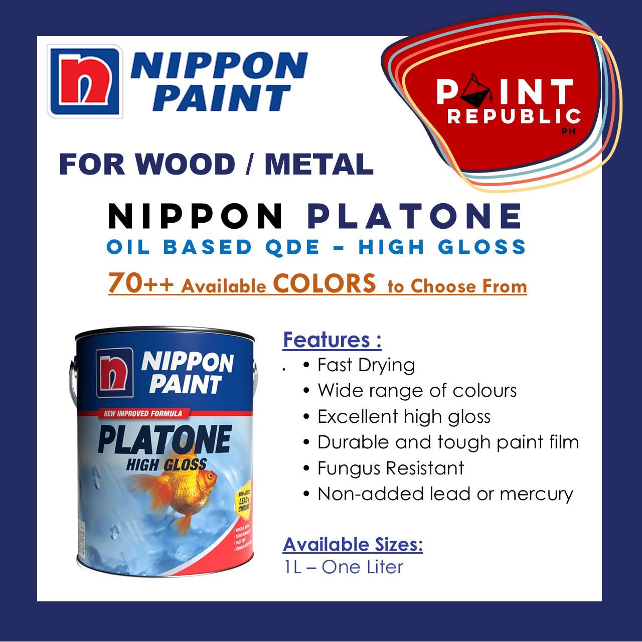 Nippon Paint PLATONE Oil Based QDE - High Gloss for WOOD and METAL (1L ...