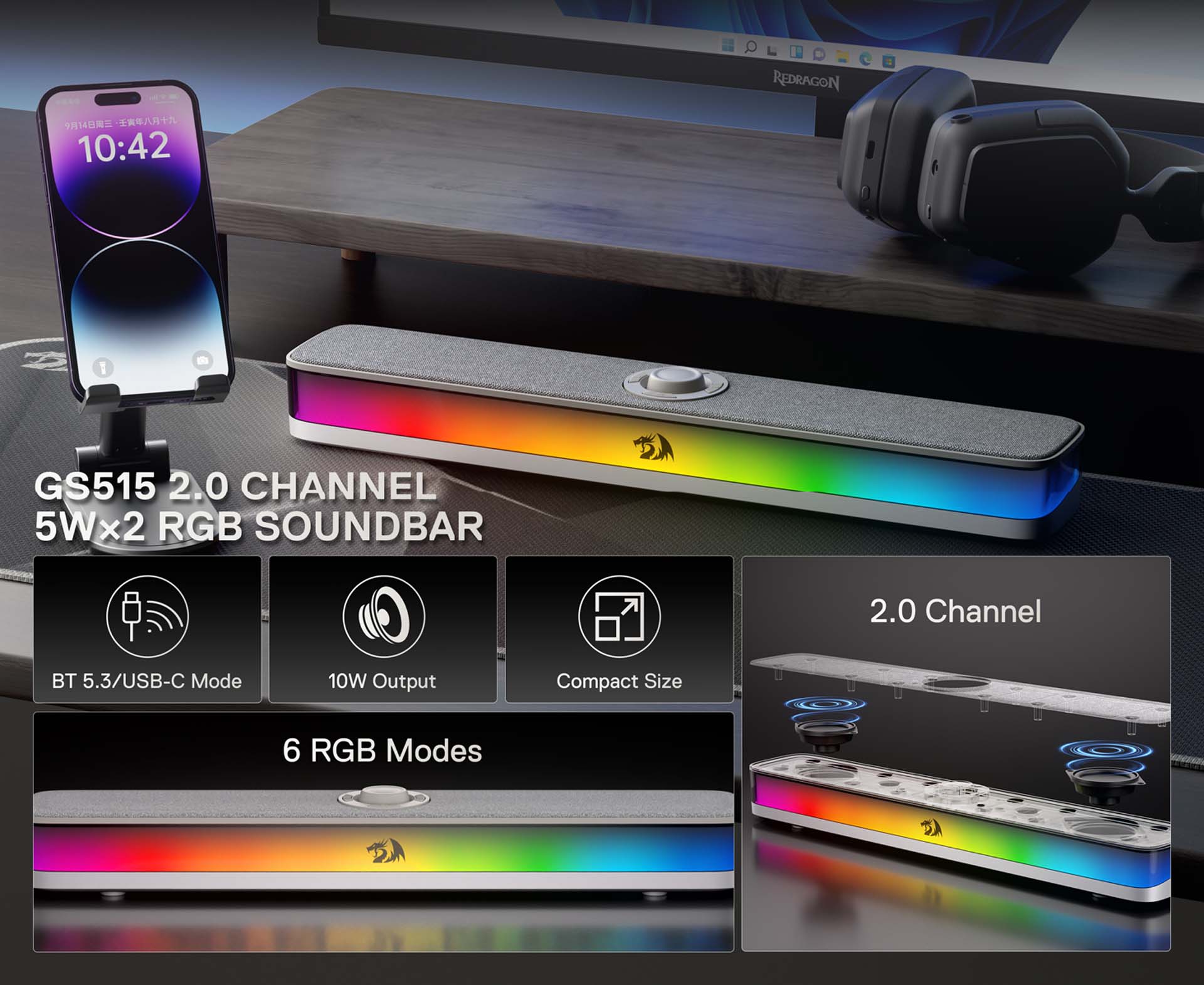 Redragon Neo Dual Mode RGB Soundbar Speaker Grey (GS515G) | Shopee ...
