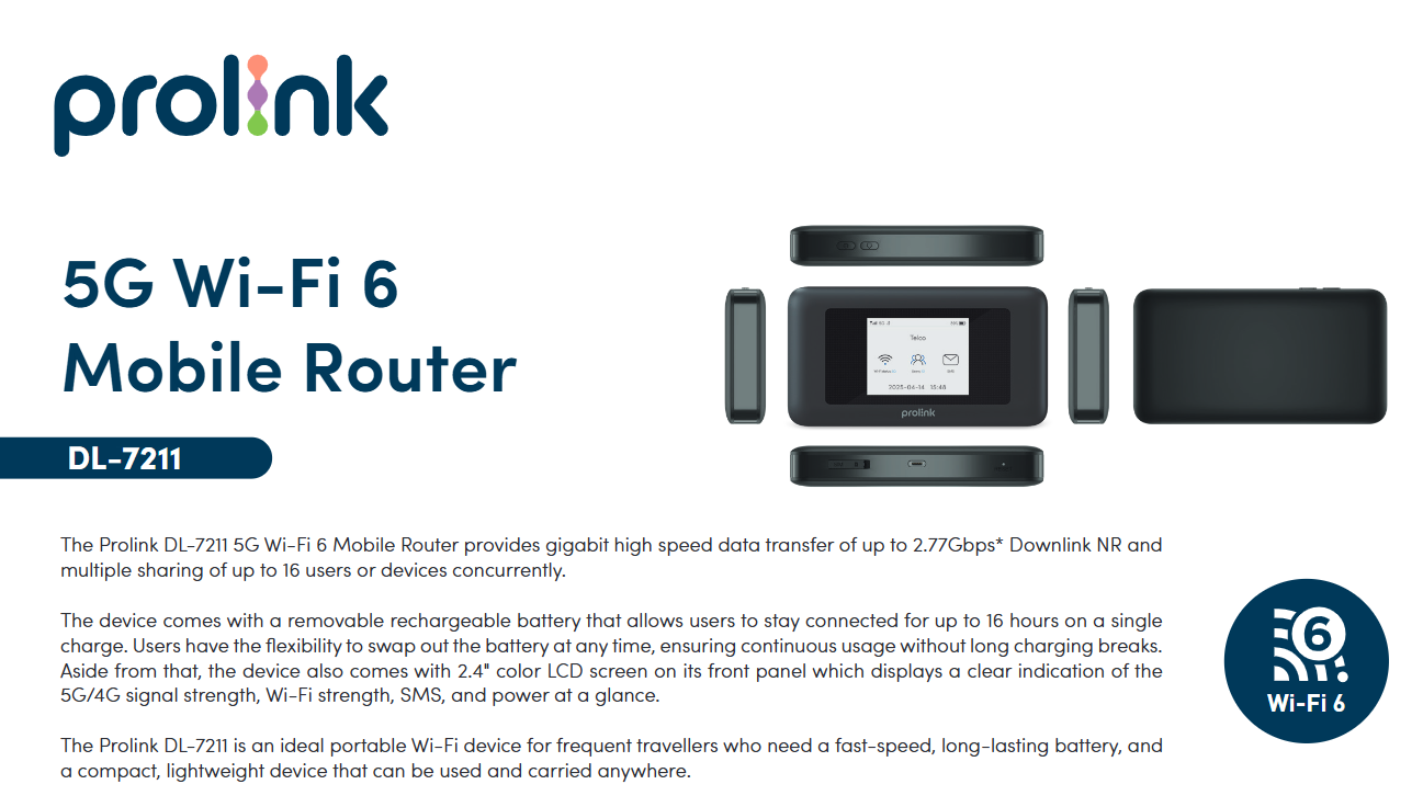 Prolink DL-7211 5G Wi-Fi 6 5G Mifi Router 5G Pocket Wifi Openline ...