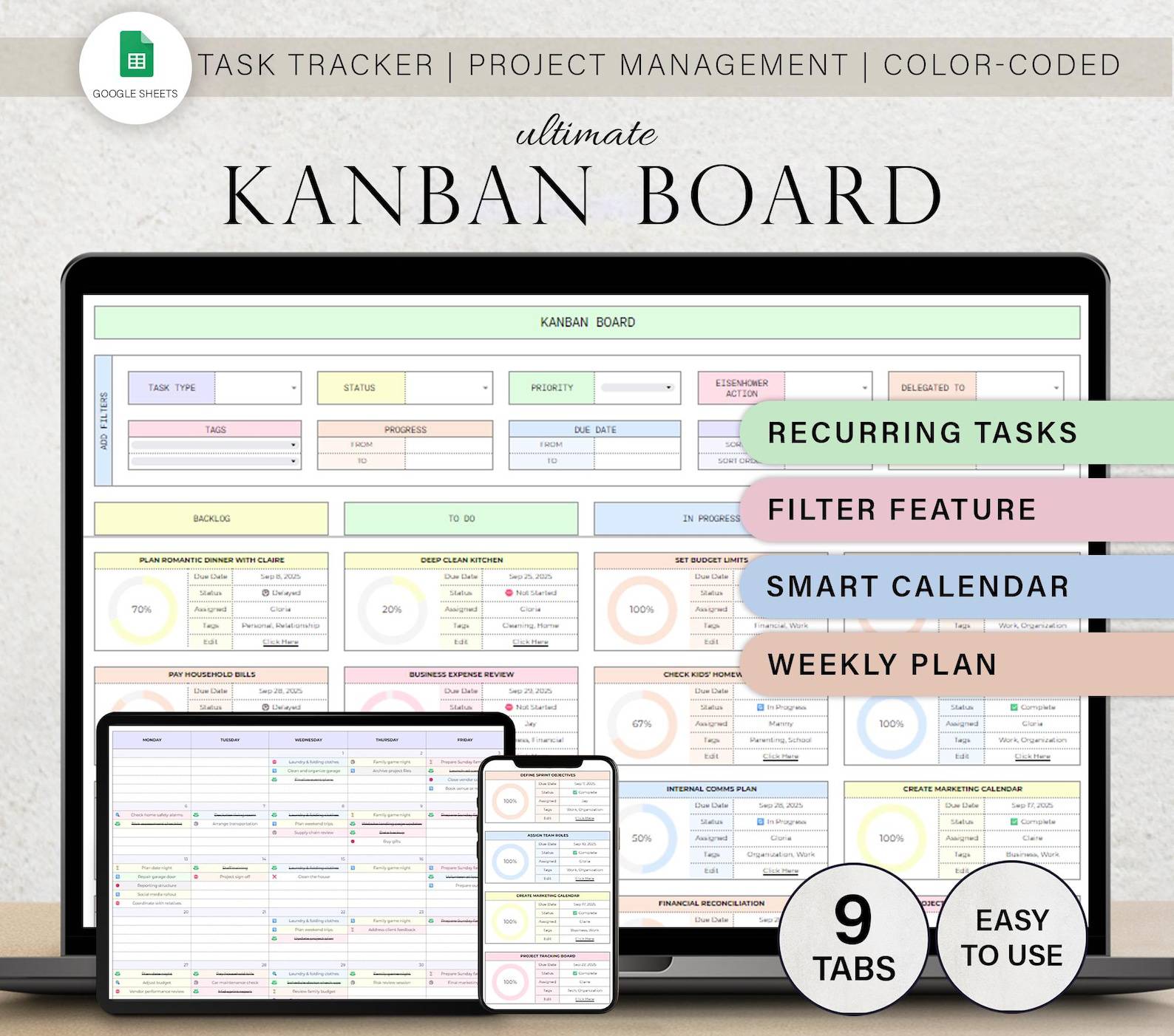 2026 Digital Planner, Kanban Board Spreadsheet Task Tracker Project ...