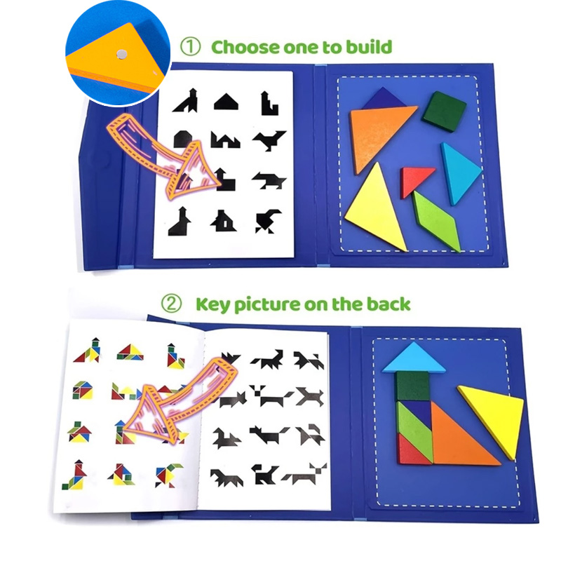 Children Wooden Magnetic Tangram 3D Geometric Shape Colored Puzzle Kids ...