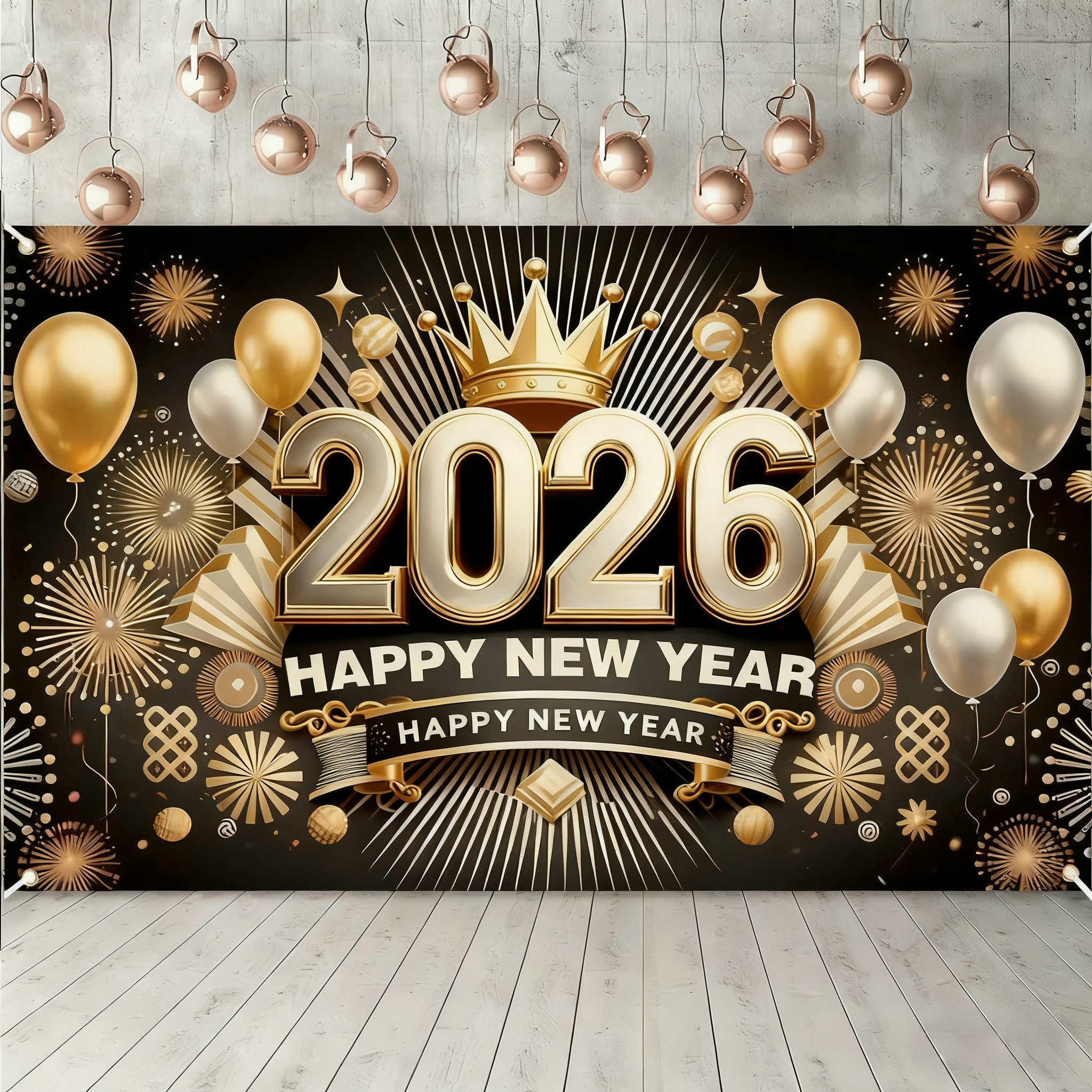 2026 Happy New Year Banner Black Gold Fireworks Banner Backdrop for New ...