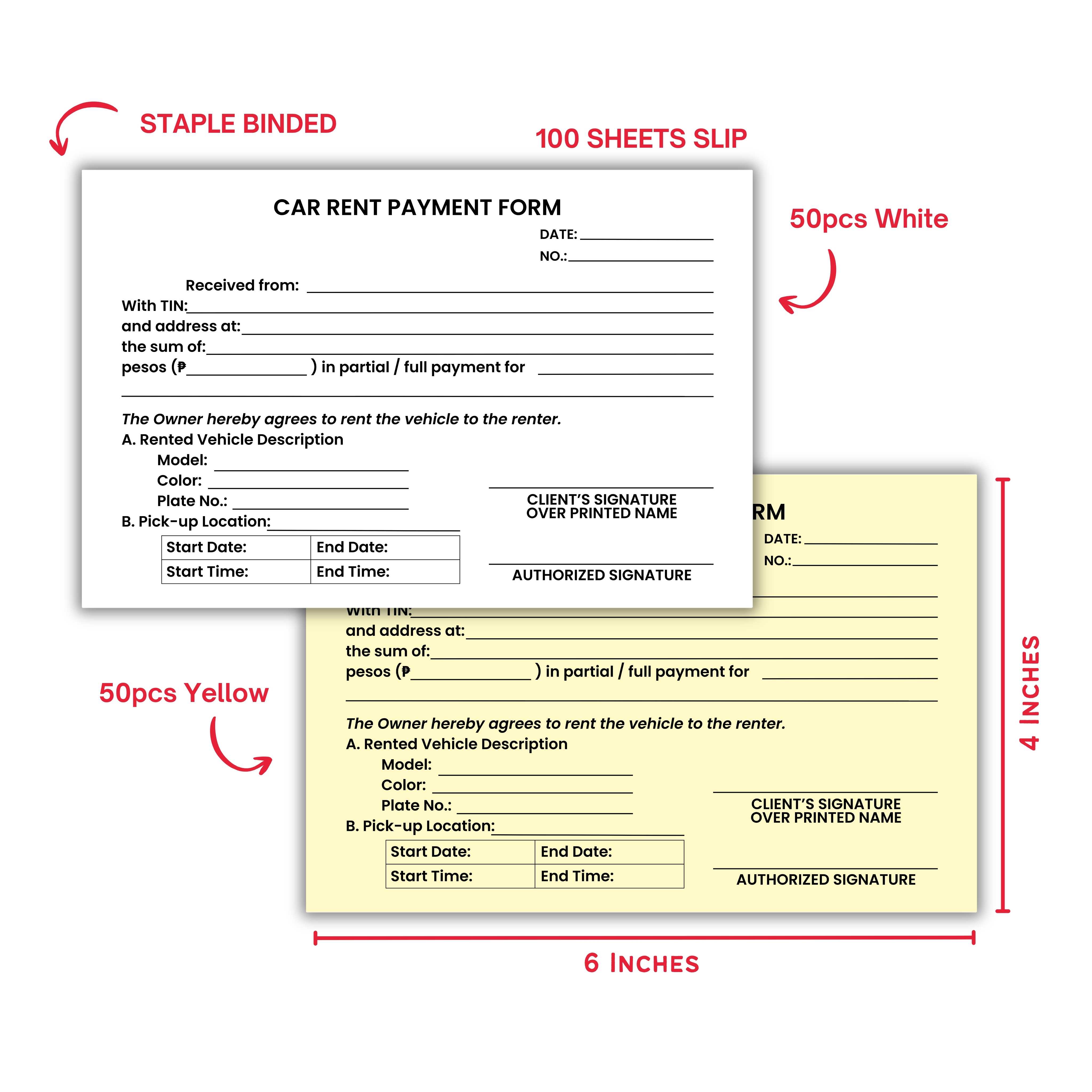 100 Sheet Car Rent Payment Acknowledgement Slip Pad – Receipt Form for ...