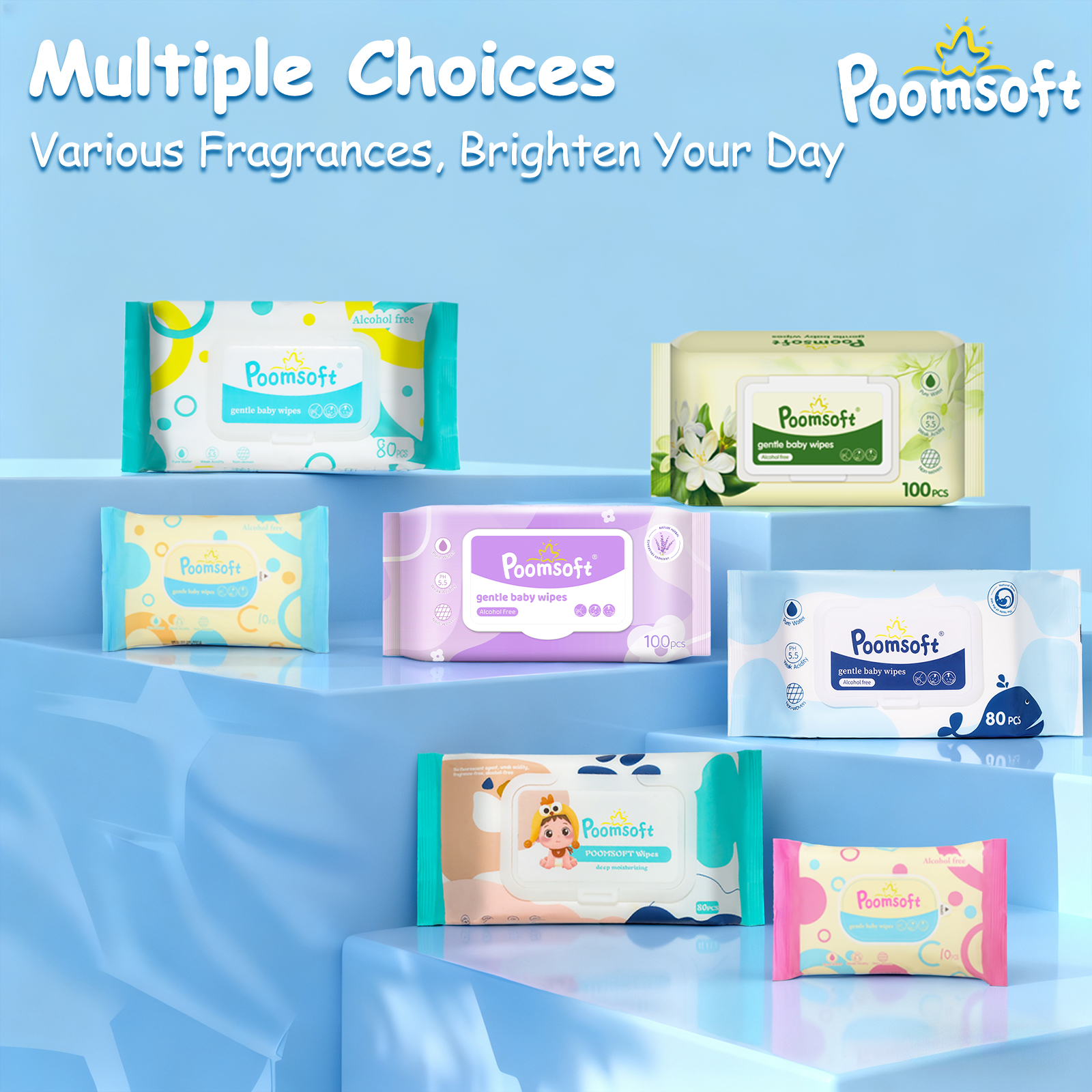 Poomsoft 5 Packs x 80 Sheet Powder Scented No-Alcohol Gentle Wipes For ...