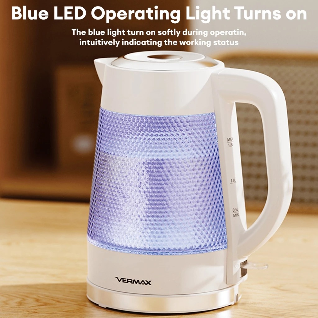 Vermax Glass Electric Kettle 1.8L Stainless Steel 2000W Blue Ray Fast ...