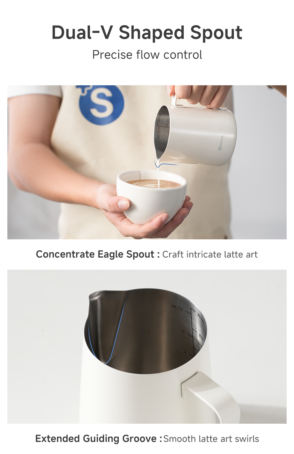 Simplus Milk Frothing Pitcher 350mL Large Capacity 304Stainless Steel ...