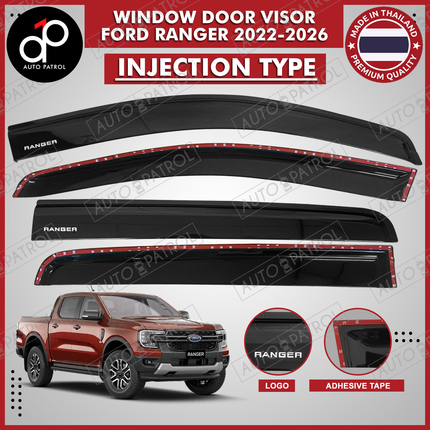 FORD RANGER 2022-2026 Window Door Rain Visor Black (INJECTION TYPE ...