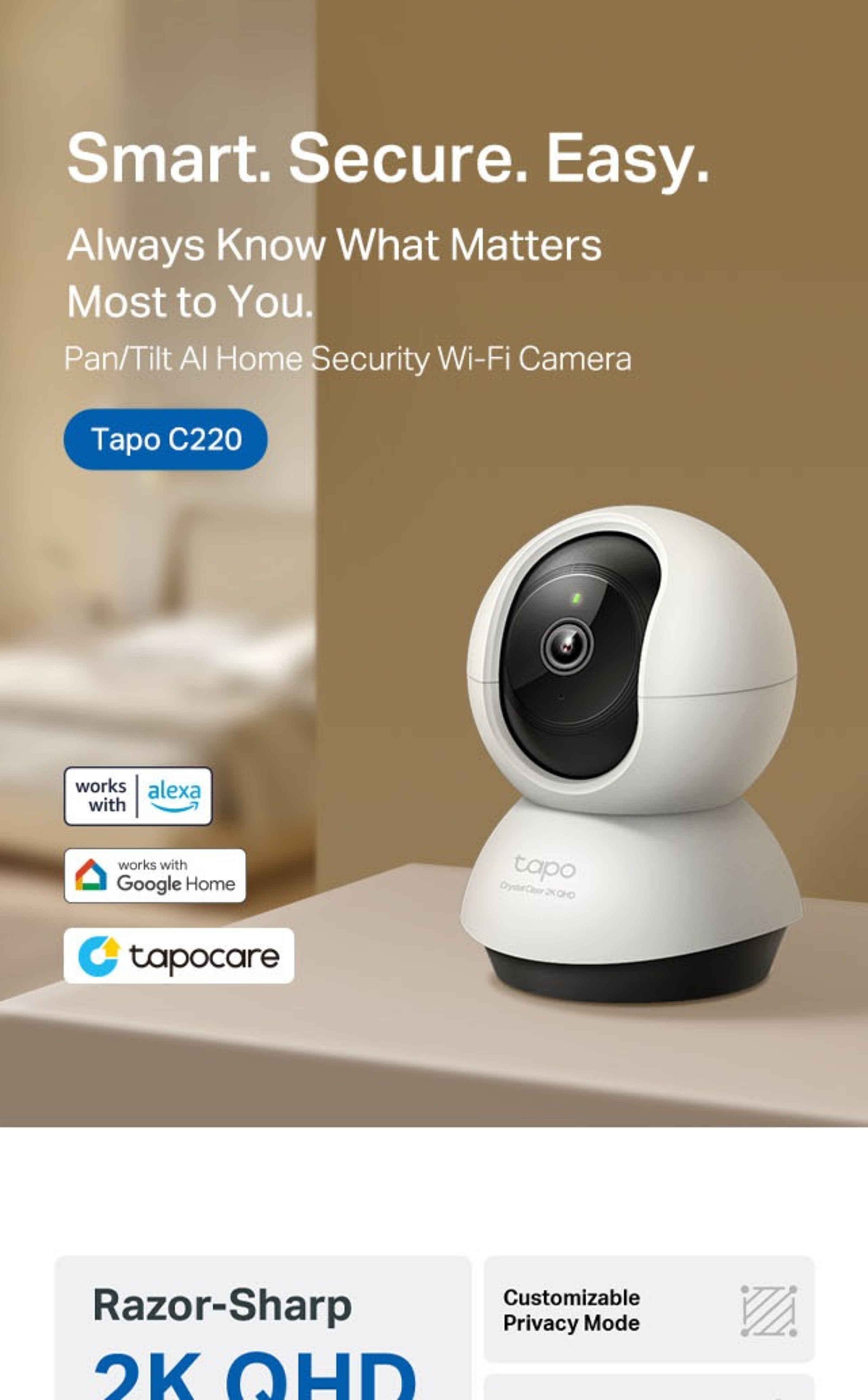 TP-Link Tapo C220 2K 4MP QHD 1440p Pan/Tilt AI Home Wi-Fi Security ...
