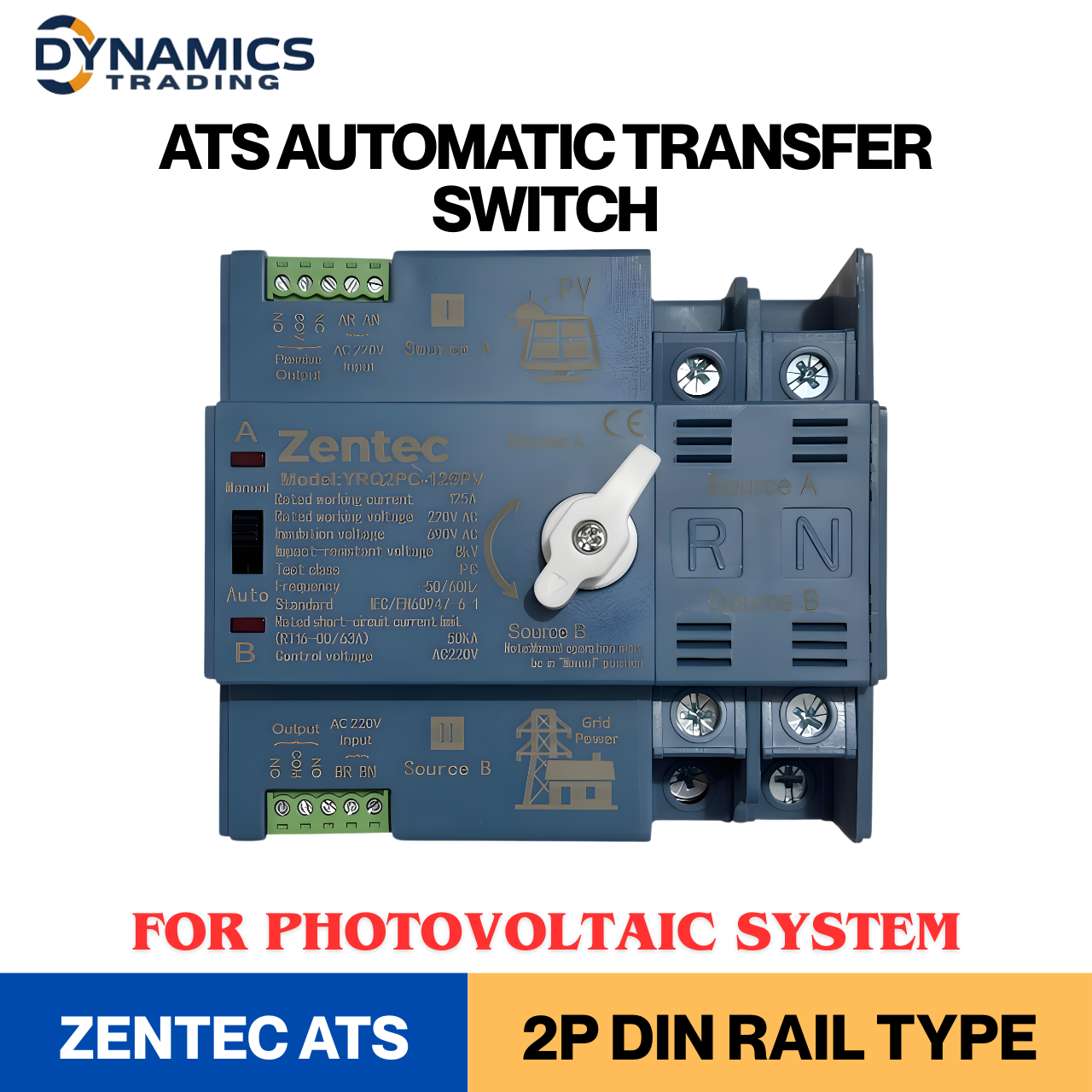 Zentec ATS Automatic Transfer Switch Din Rail Type 2 Pole Solar ...